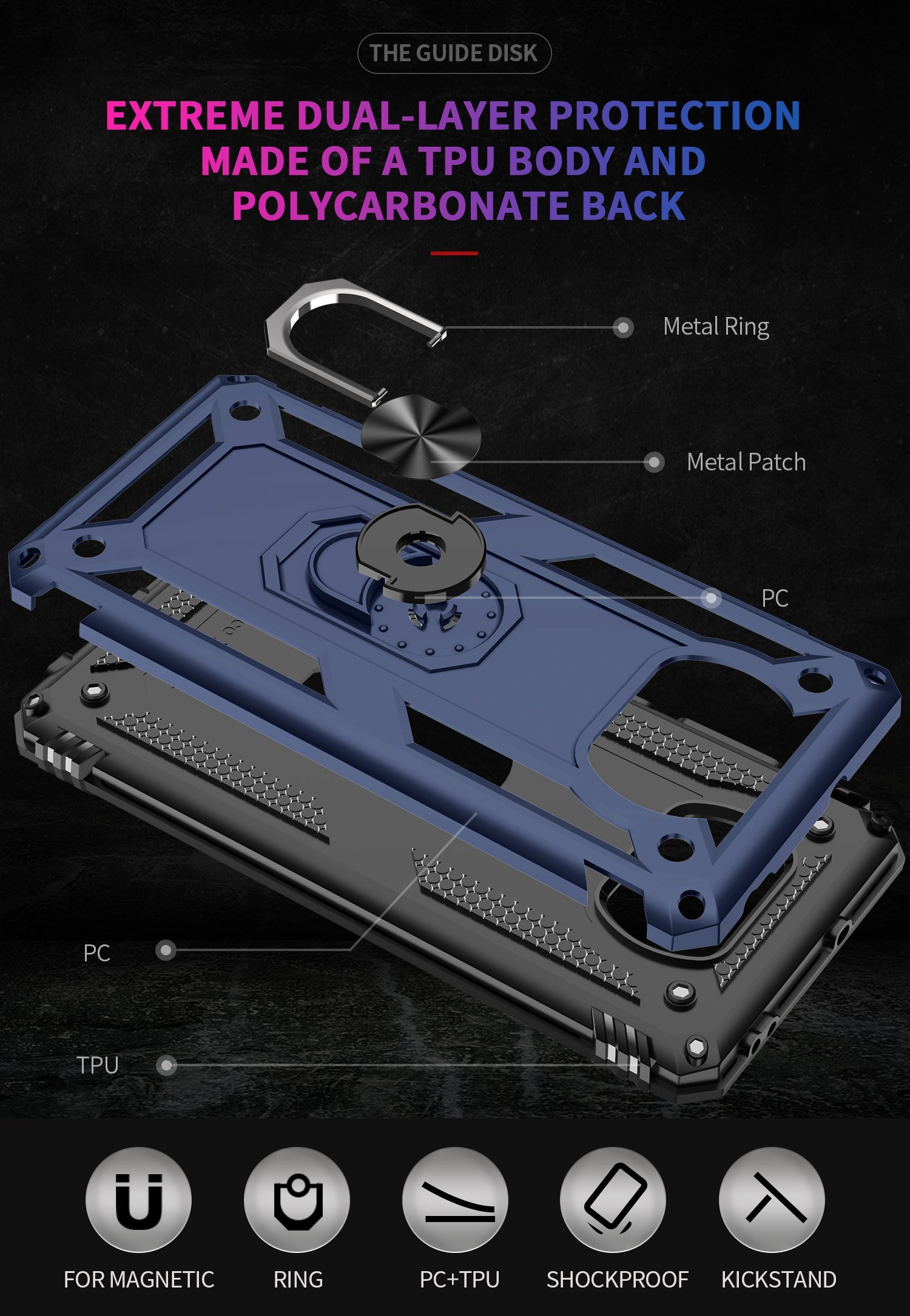 Vista explosionada de una funda de teléfono azul, que muestra el cuerpo de TPU, la parte trasera de policarbonato y el anillo de metal.