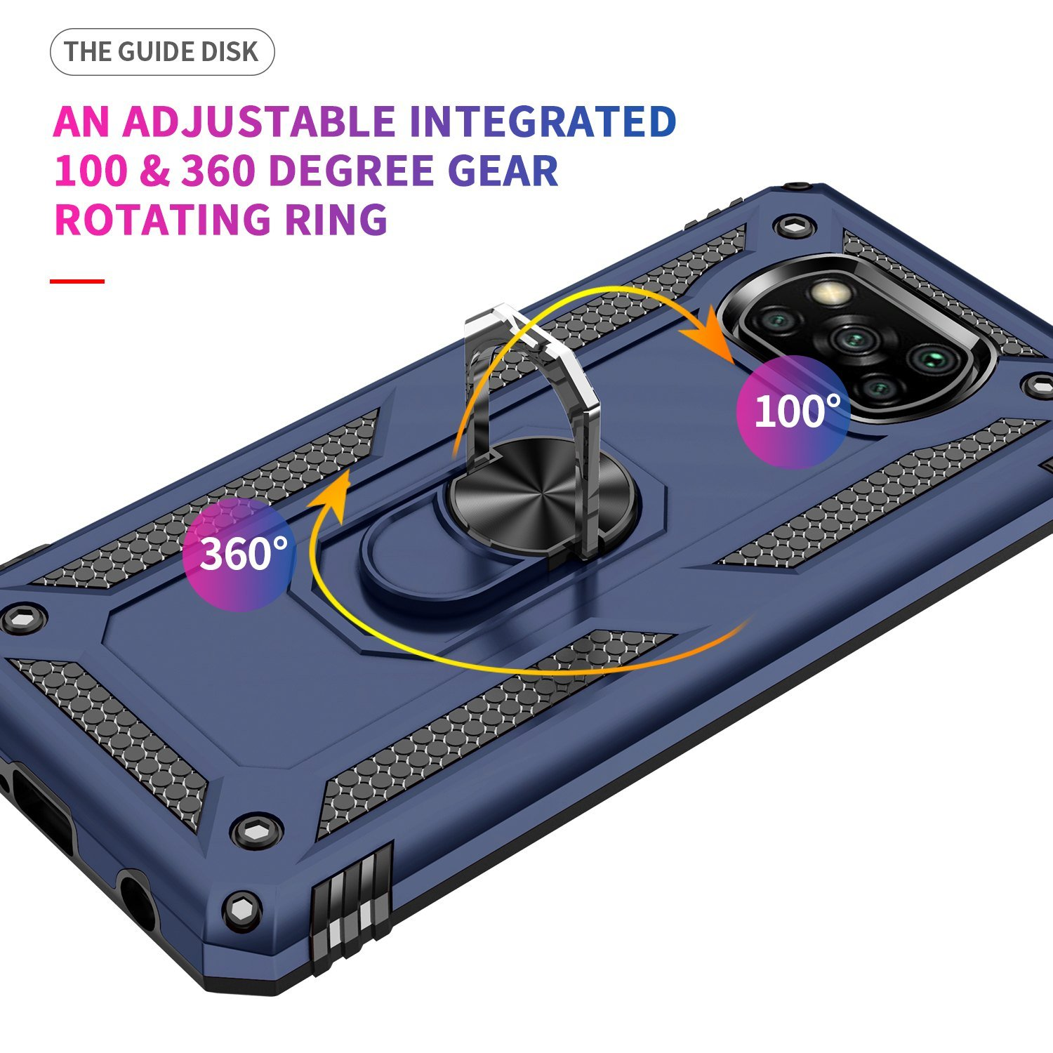 Funda azul con soporte de anillo y texto: anillo giratorio ajustable 100 y 360 grados. Flechas muestran direcciones.