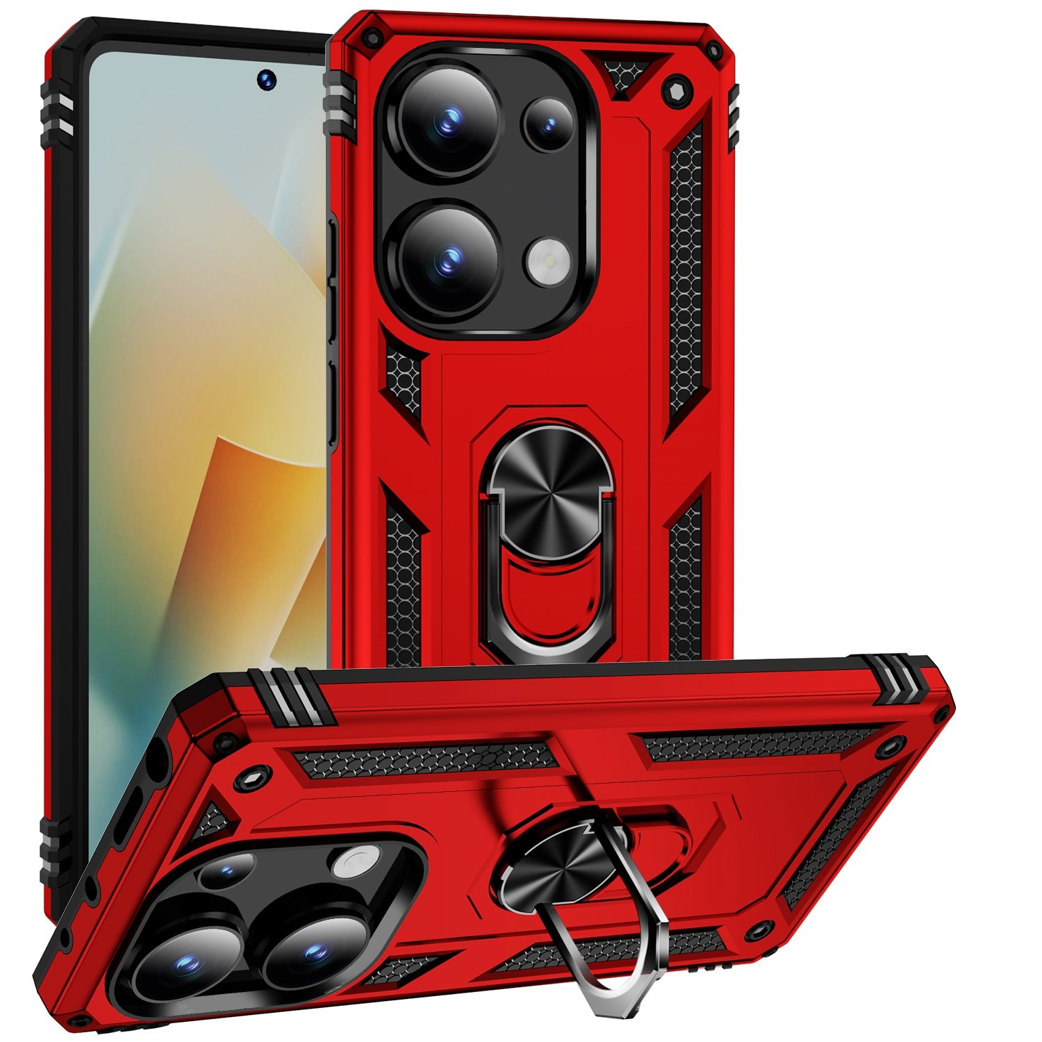 Funda roja, detalles negros, soporte de anillo. Dos fundas, vista en ángulo, fondo blanco.