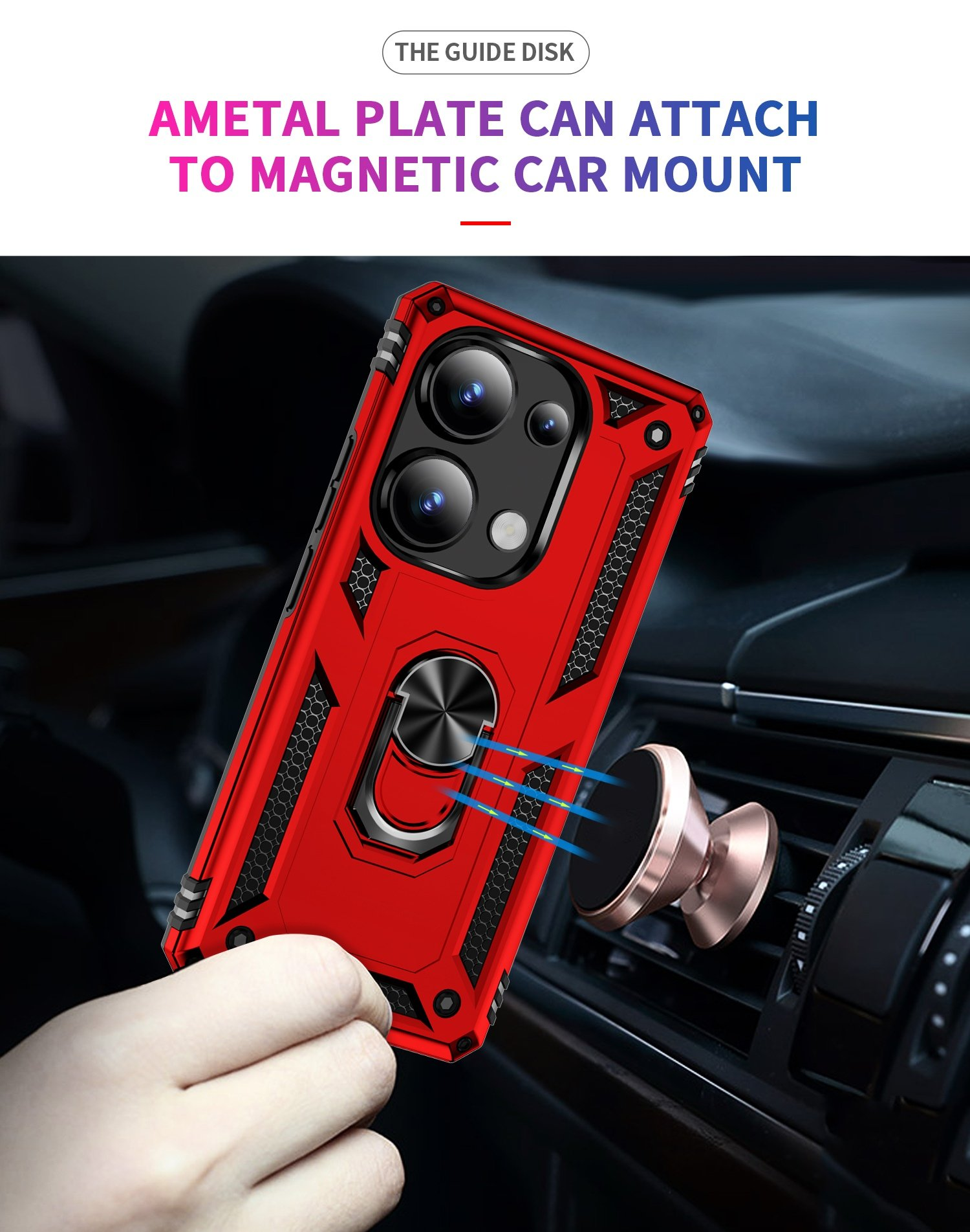 Funda roja con soporte de anillo adherida a un soporte magnético para automóvil. Texto: disco guía, placa metálica.