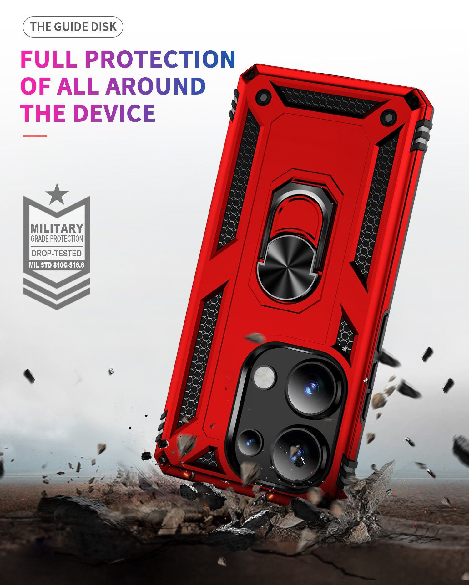Funda roja con soporte de anillo y texto: protección total del dispositivo. La funda se cae al suelo.