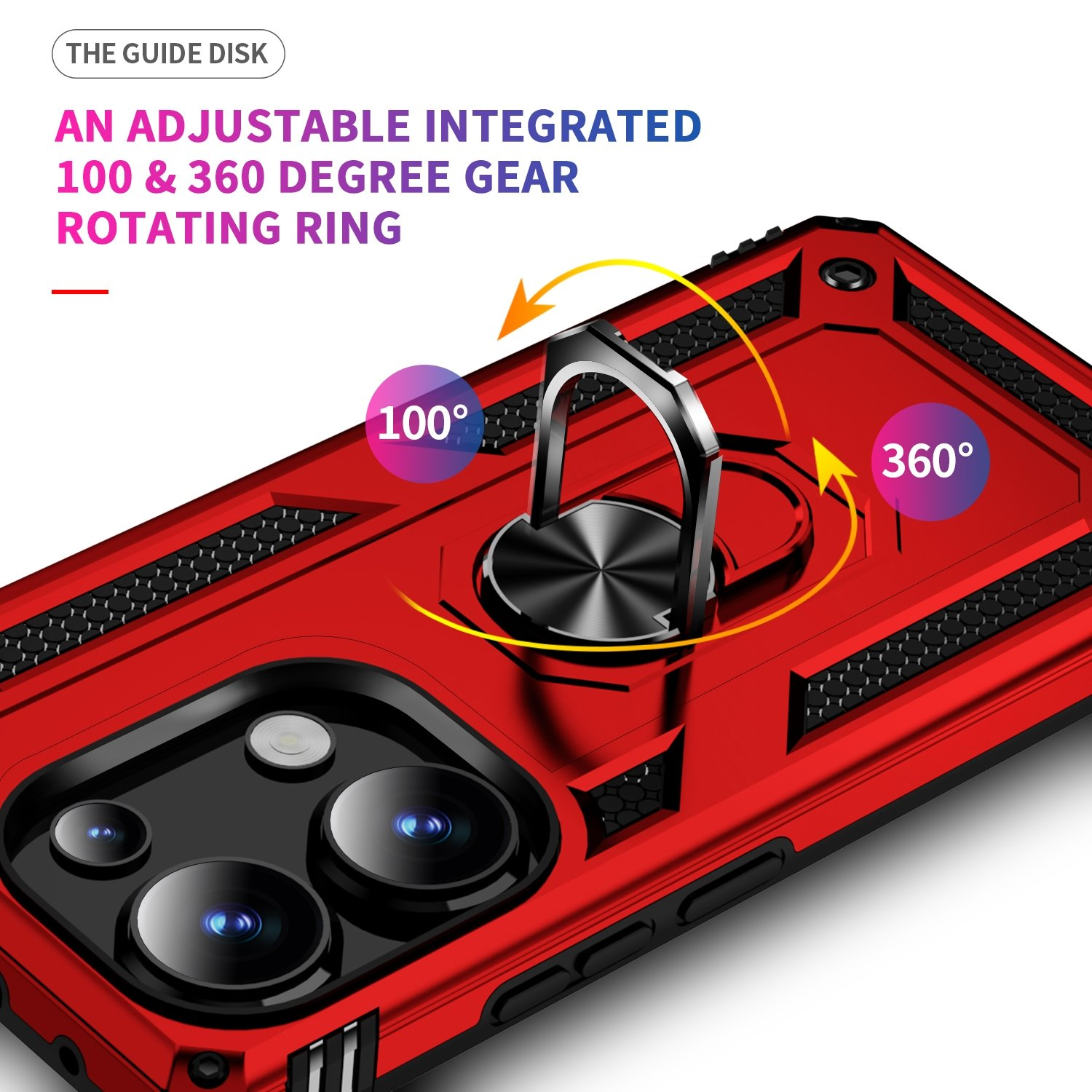 Funda roja con soporte de anillo. Texto: anillo giratorio ajustable 100 y 360 grados. Flechas muestran direcciones.