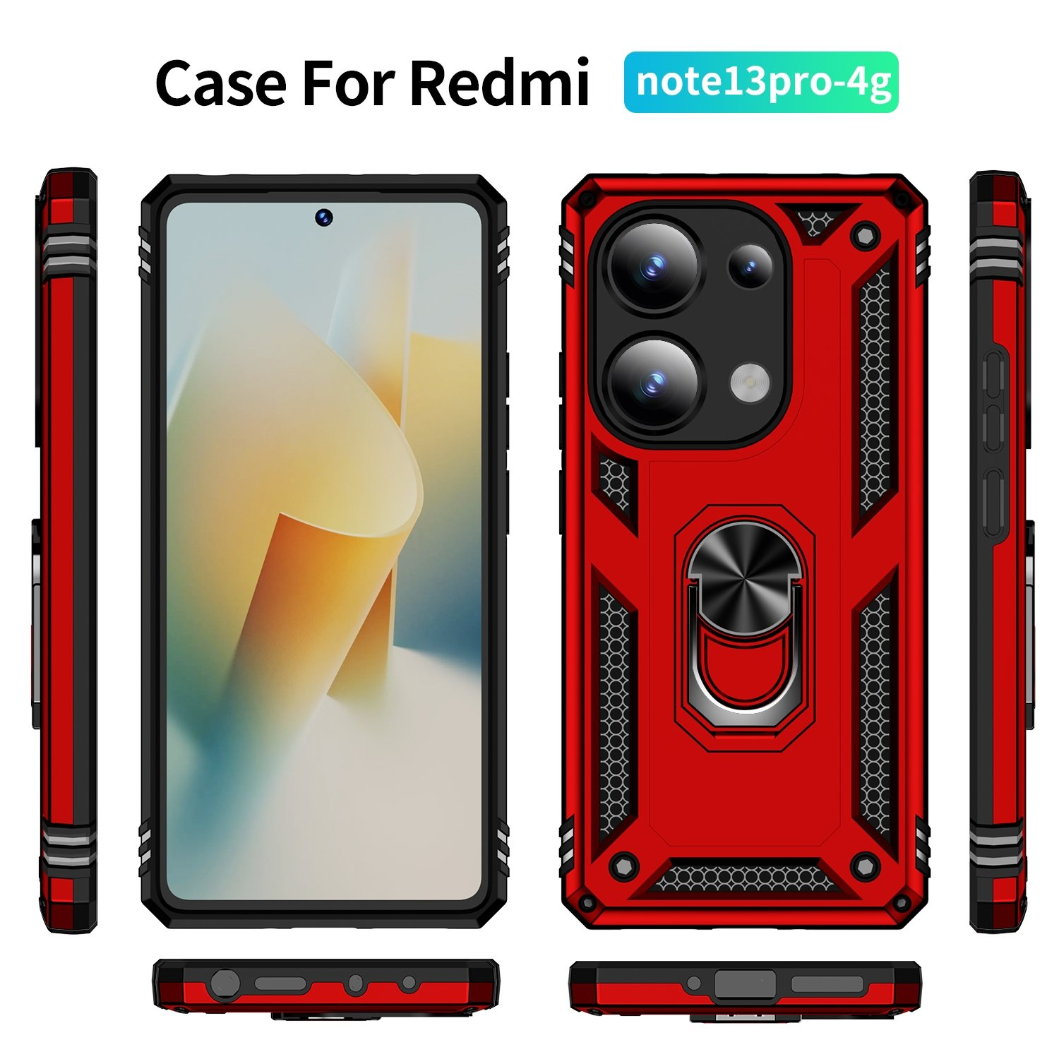Funda Redmi con soporte de anillo. Se muestran múltiples vistas de la funda.