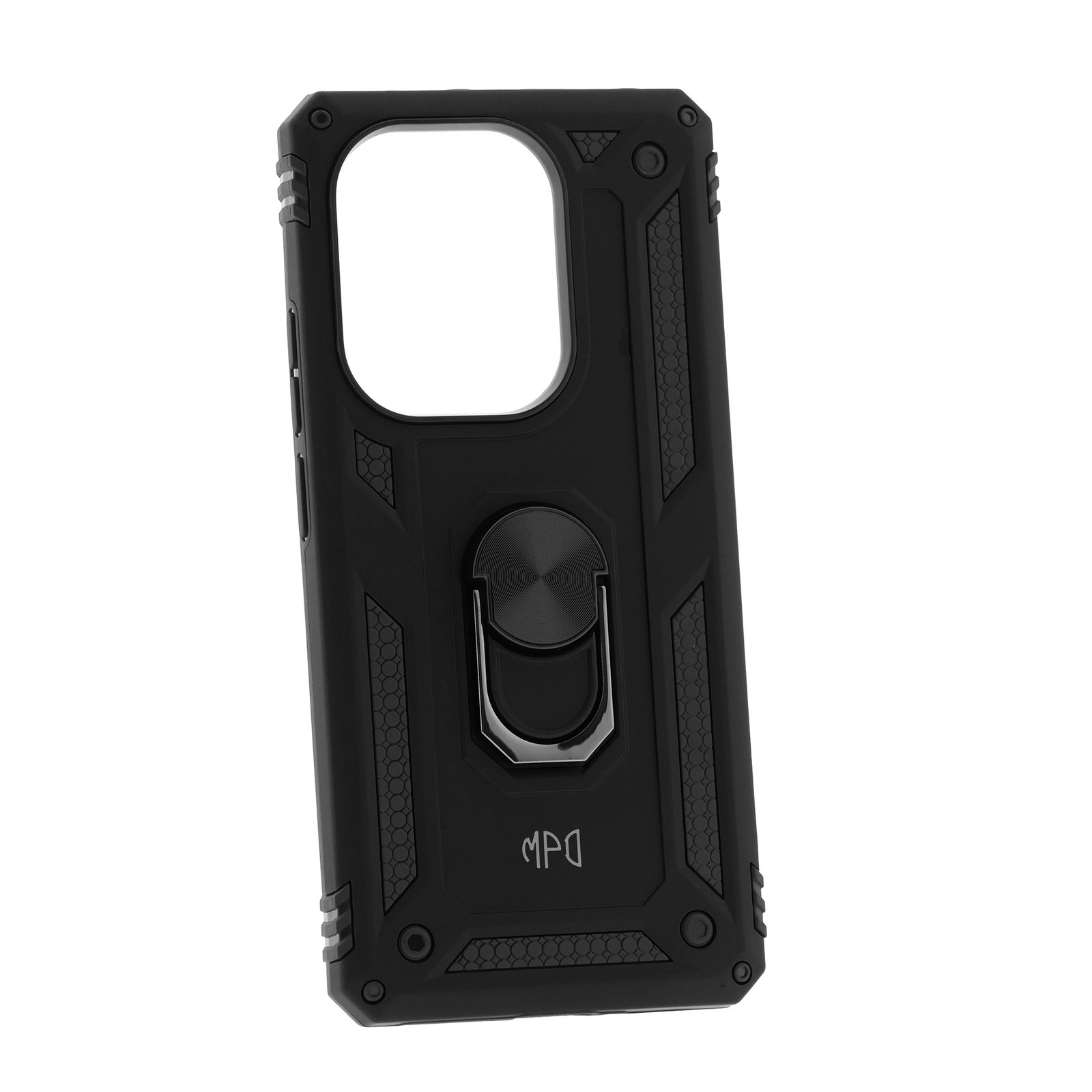 Funda negra para teléfono, soporte de anillo, vista en ángulo, fondo blanco. Logotipo MPD visible.
