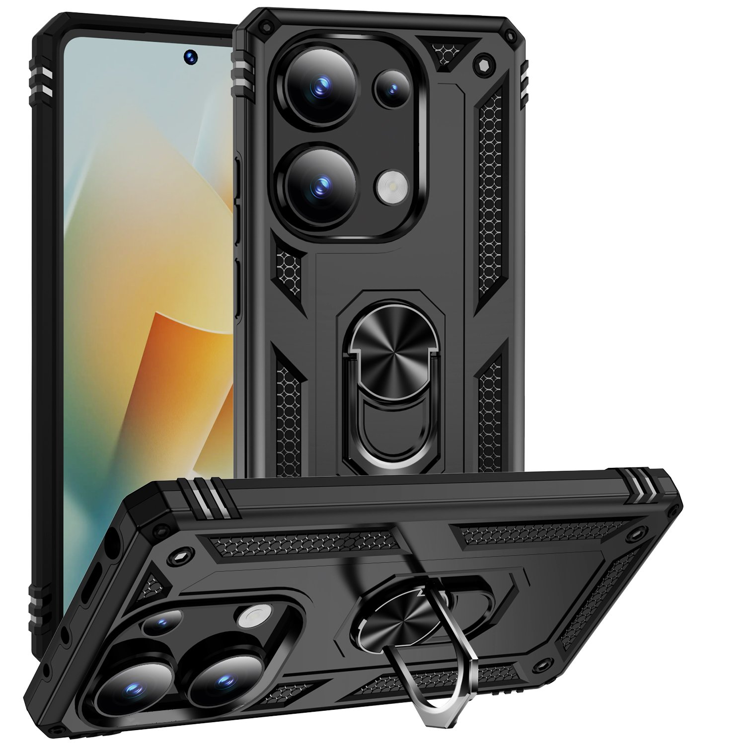 Funda negra para teléfono, soporte de anillo, vista en ángulo, fondo blanco. Logotipo MPD visible.