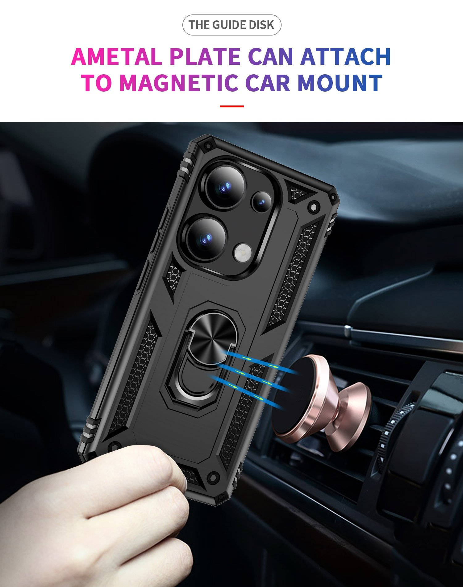 Funda negra con soporte de anillo adherida a un soporte magnético para automóvil. Texto: disco guía, placa metálica.