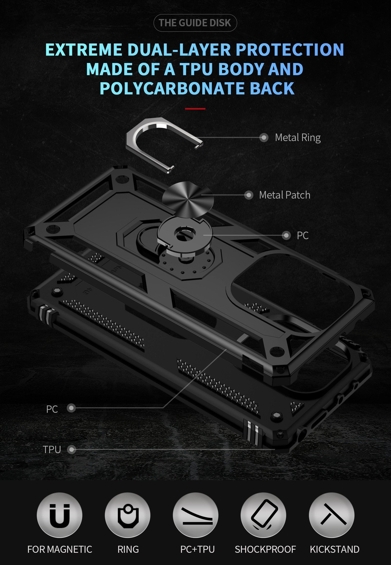 Diagrama de una funda negra para teléfono con etiquetas para anillo de metal, parche, PC, TPU e iconos.