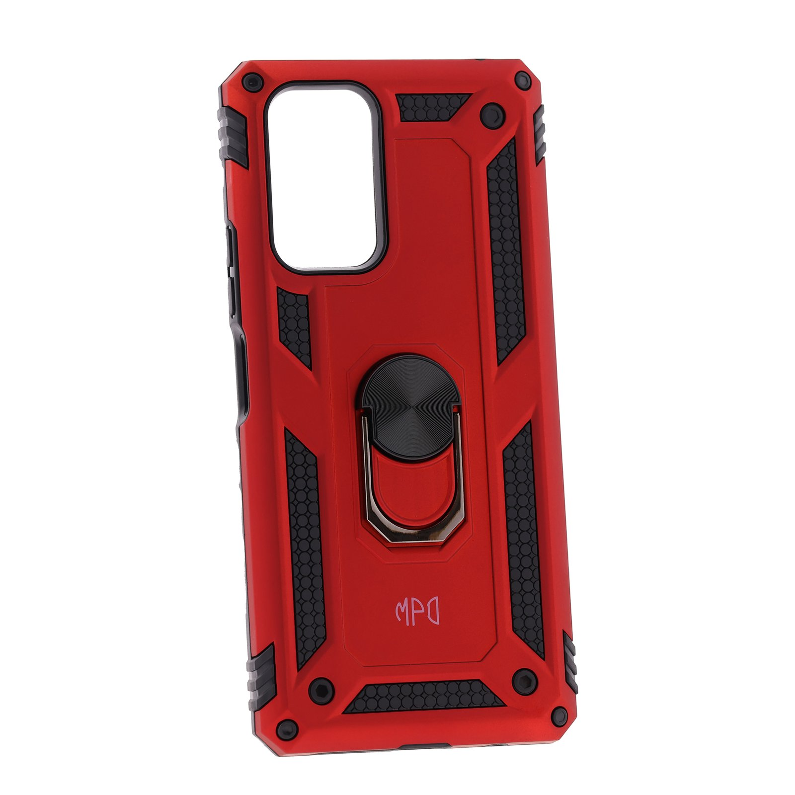 Funda roja para teléfono, detalles negros, soporte de anillo. Vista en ángulo, fondo blanco.