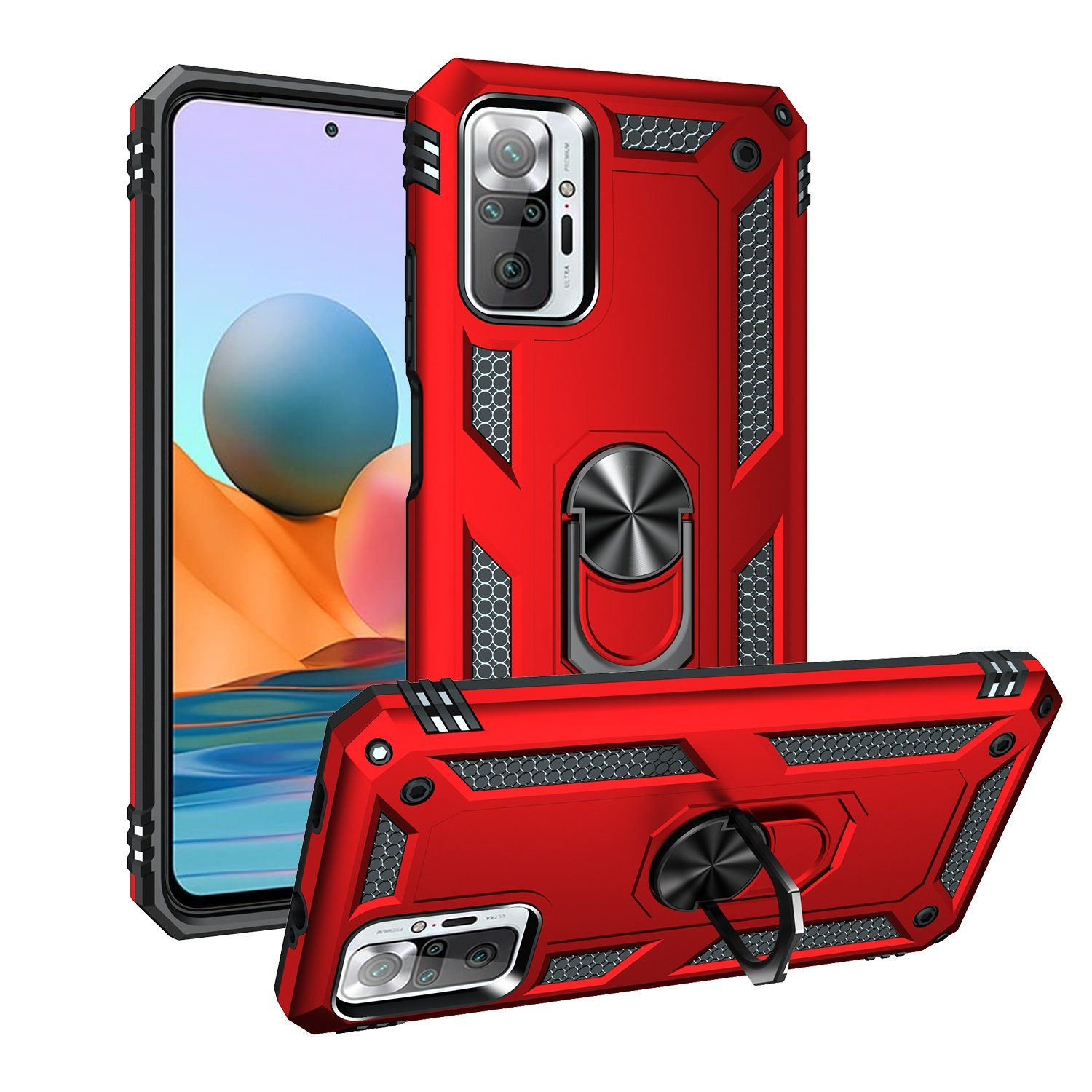 Funda de teléfono roja con soporte de anillo. La funda se muestra con la imagen del teléfono y la vista inferior.