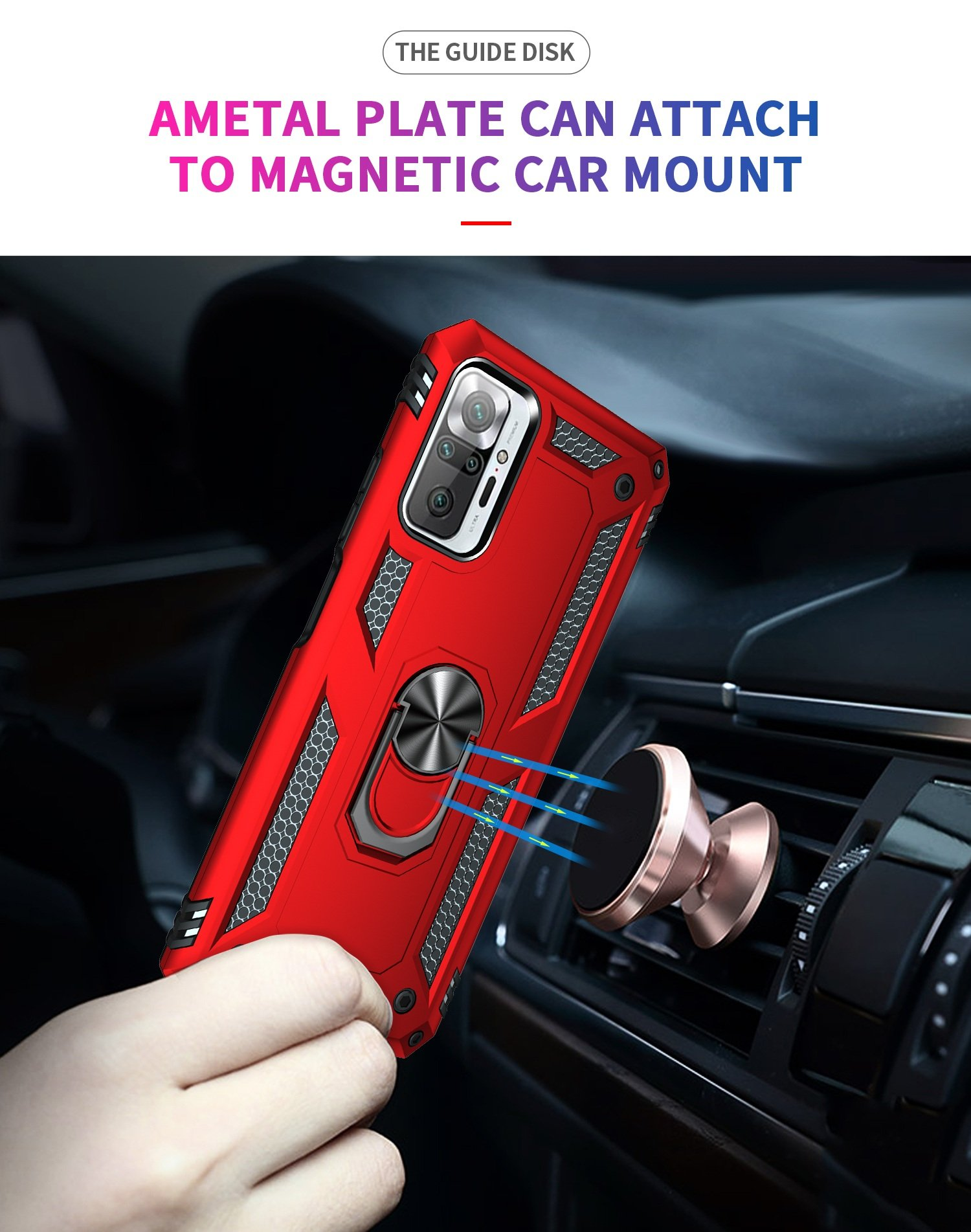 Funda de teléfono roja con soporte de anillo, sujeta a un soporte para automóvil. La funda está en la ventilación del coche.