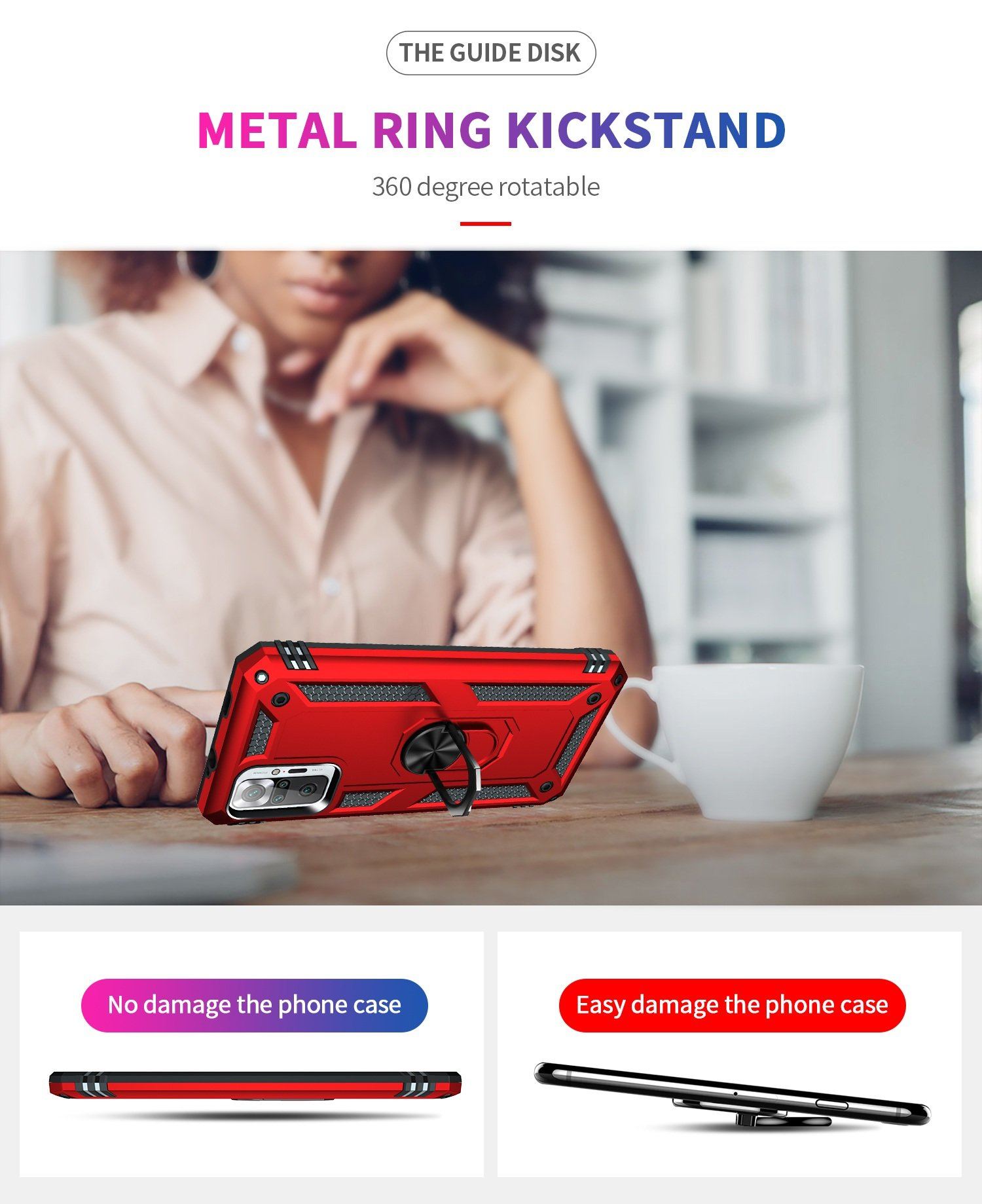Funda de teléfono roja con soporte de anillo. La funda está sobre una mesa, con una taza y una persona al fondo.