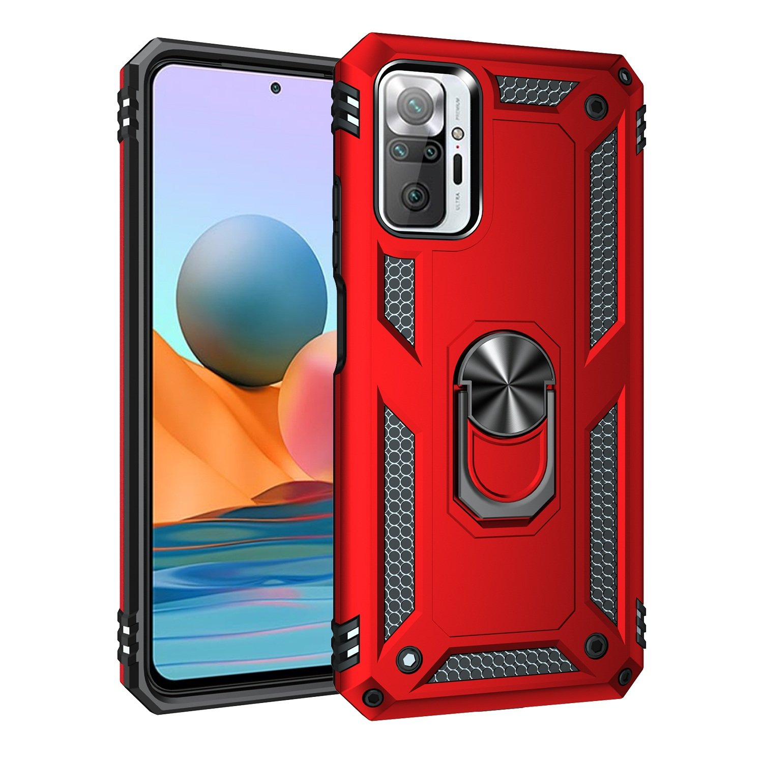 Funda roja para teléfono con cámara dual. Tiene un soporte de anillo. Imagen del teléfono a la izquierda.