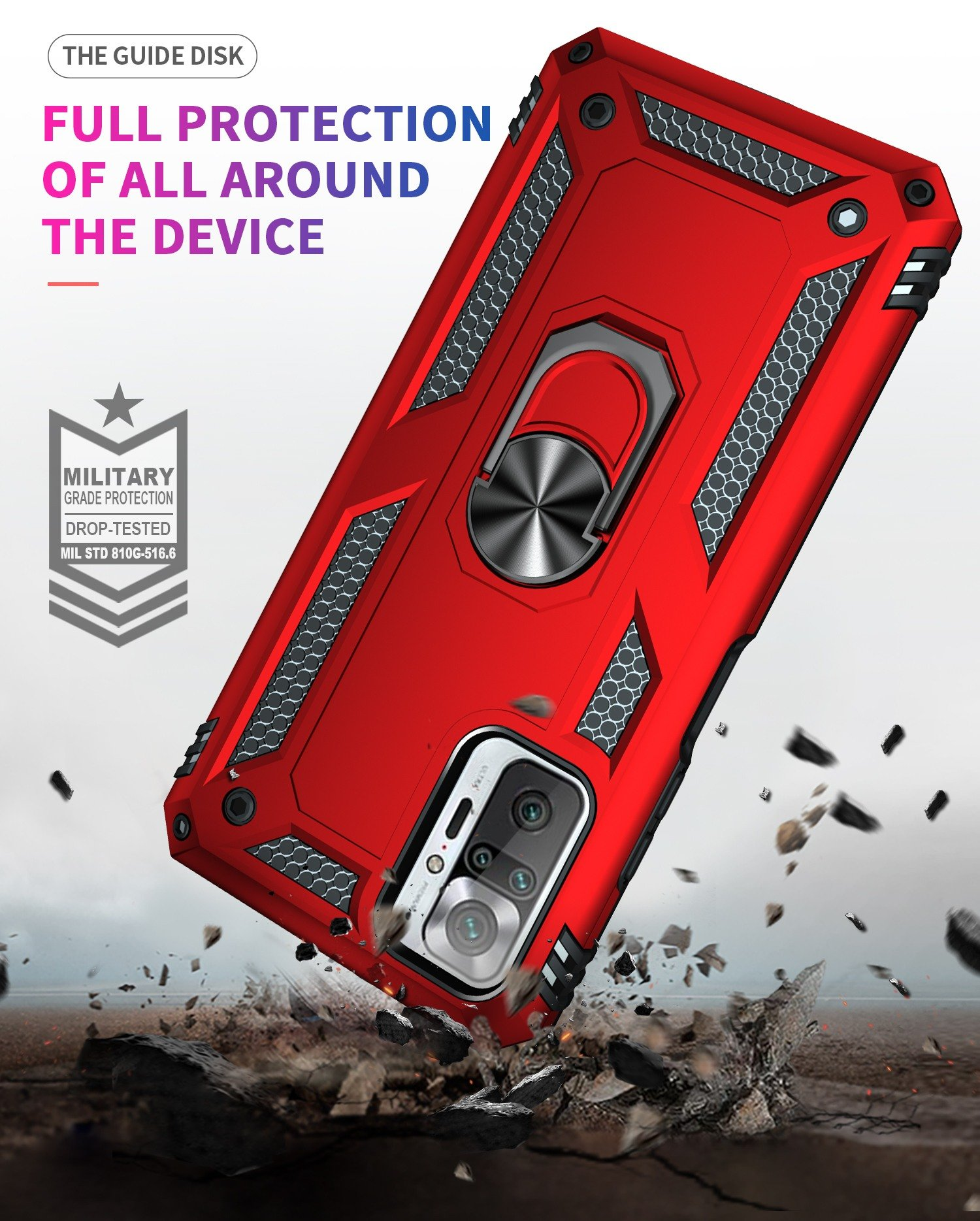 Funda de teléfono roja con soporte de anillo. La funda se deja caer y el teléfono está protegido.