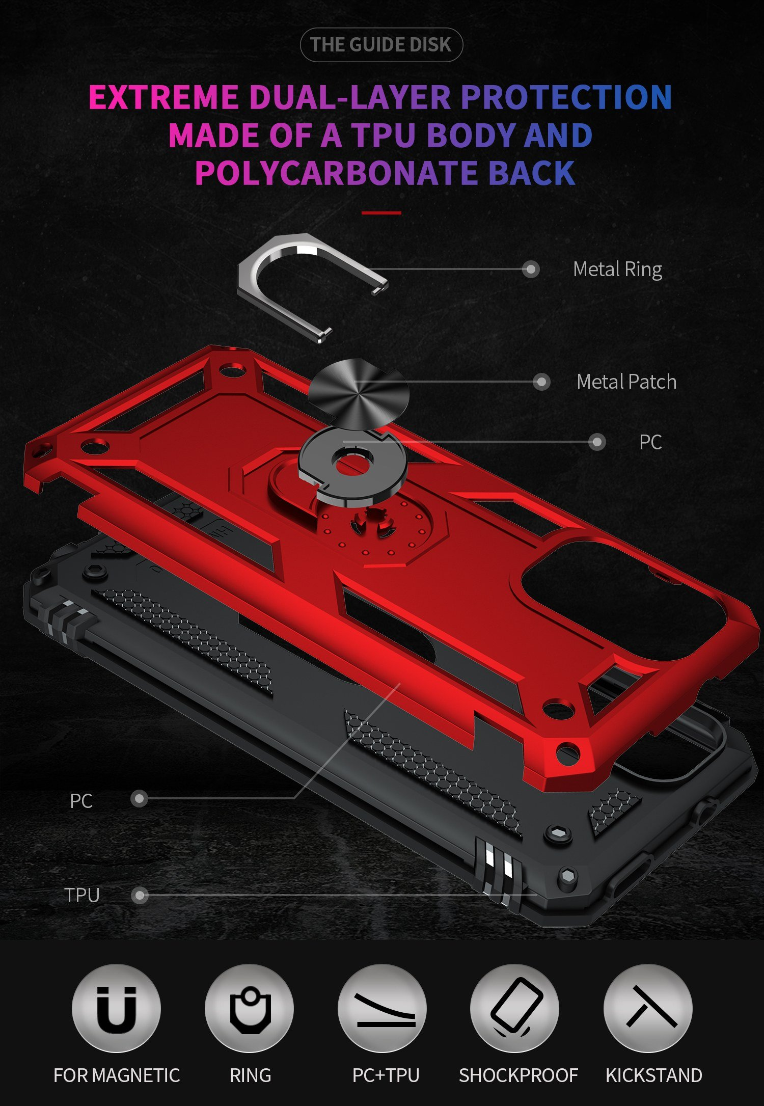 Funda roja y negra con anillo. Capas de TPU, PC y metal. El texto indica protección de doble capa.