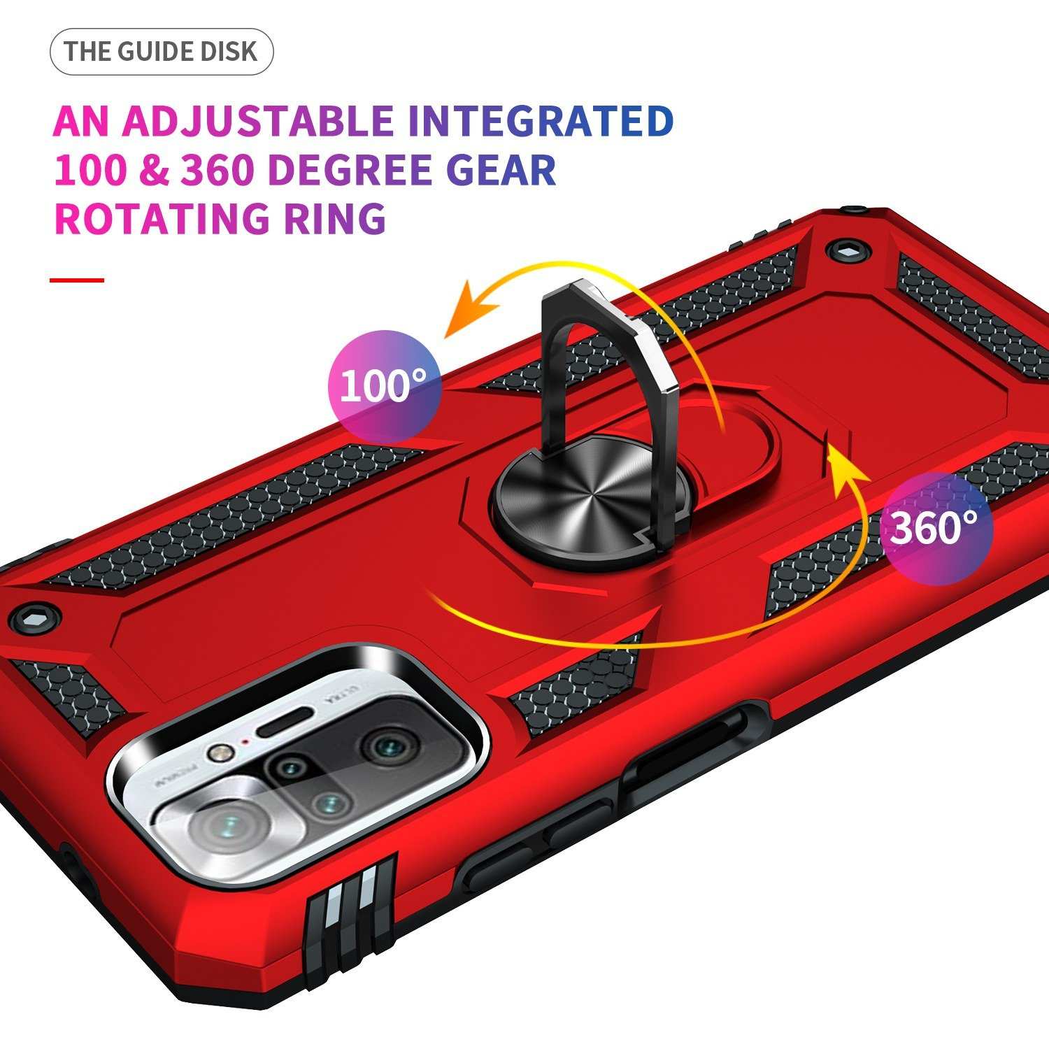 Funda de teléfono roja con un soporte de anillo que gira 100 y 360 grados. Mostrando la rotación del anillo.