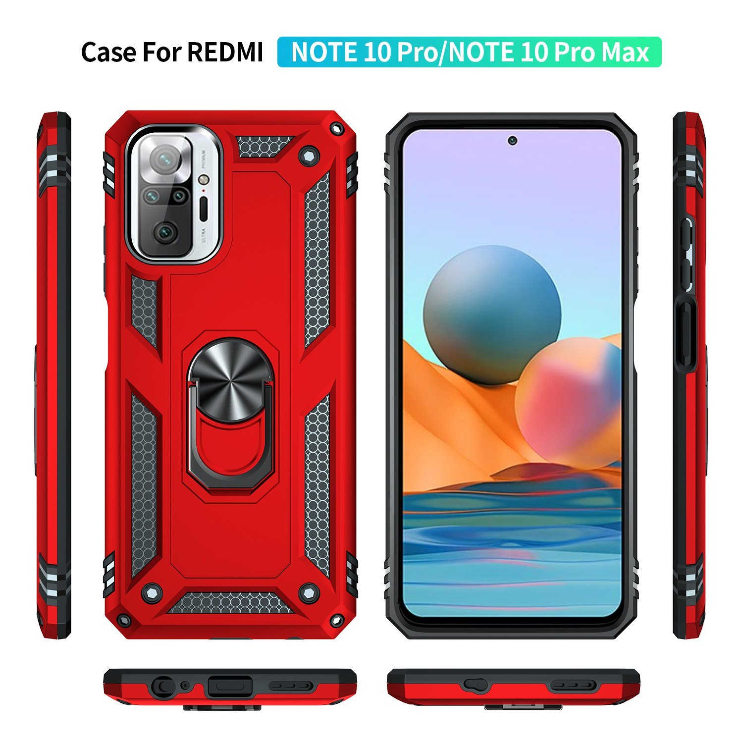 Funda roja con anillo negro. Se muestran varias vistas: frontal, trasera y perfiles laterales.