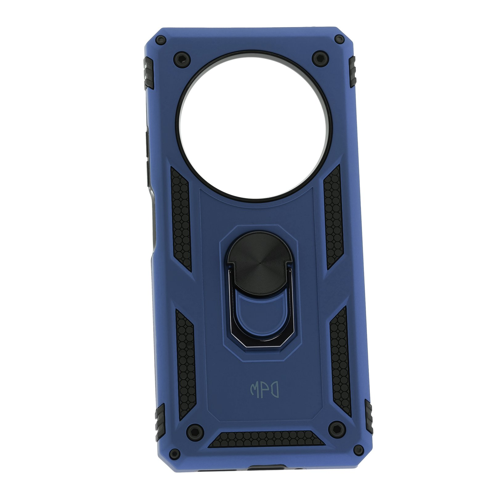Funda azul con un anillo negro y un gran recorte para la cámara. La funda tiene un diseño geométrico.