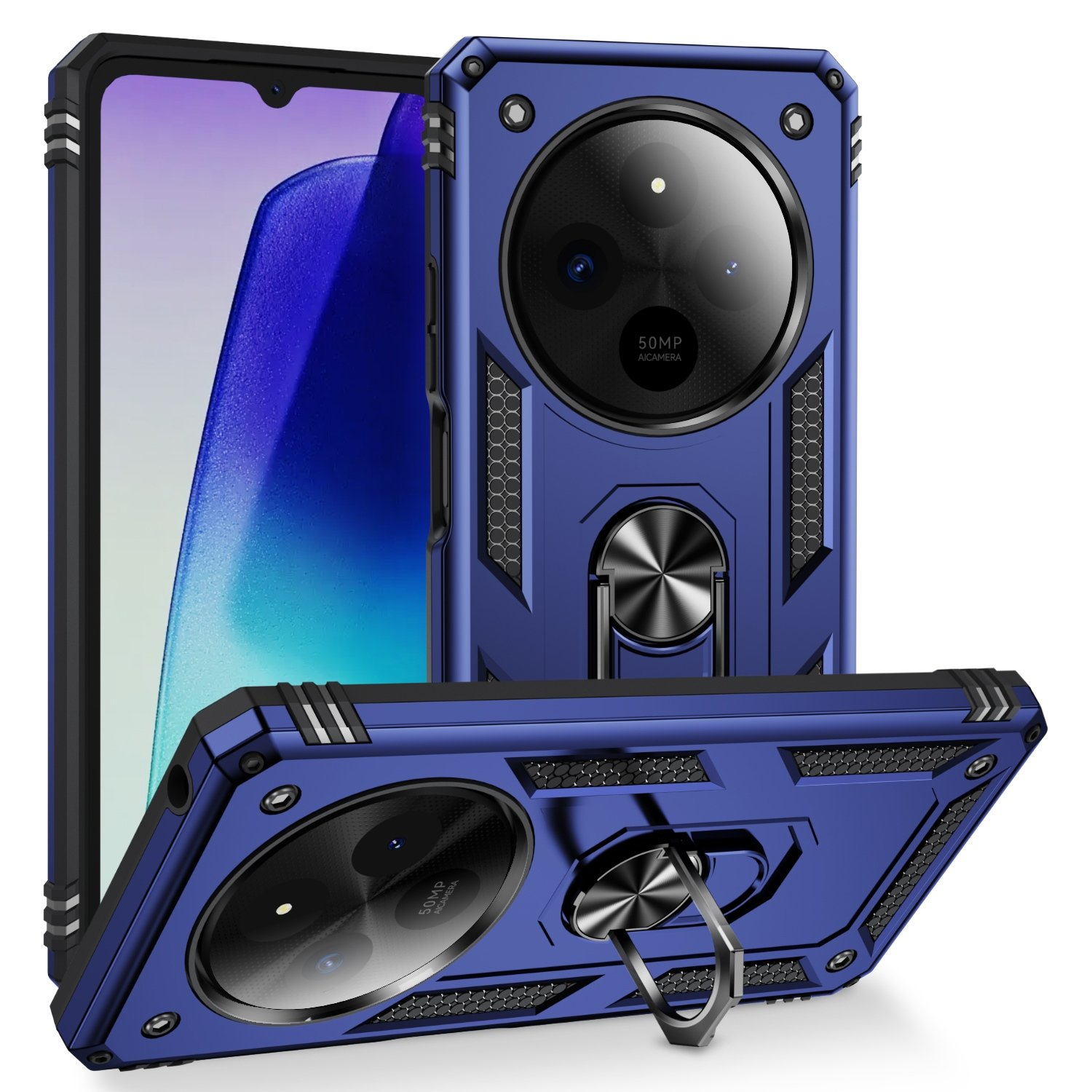 Funda azul con cámara y soporte de anillo. Otro teléfono es visible detrás de la funda.