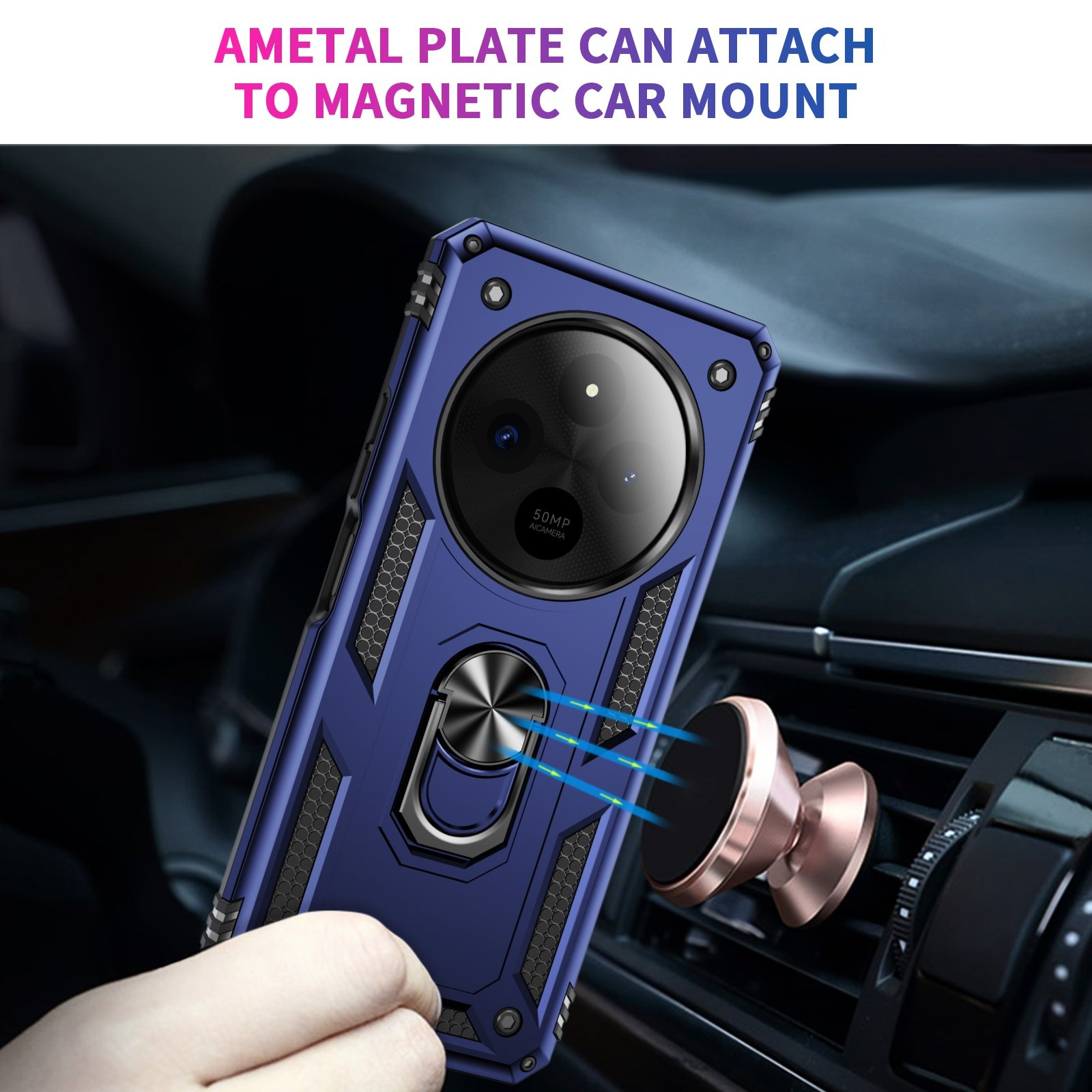 Funda de teléfono azul con soporte de anillo, sujeta a un soporte para automóvil. La funda está en la ventilación del coche.