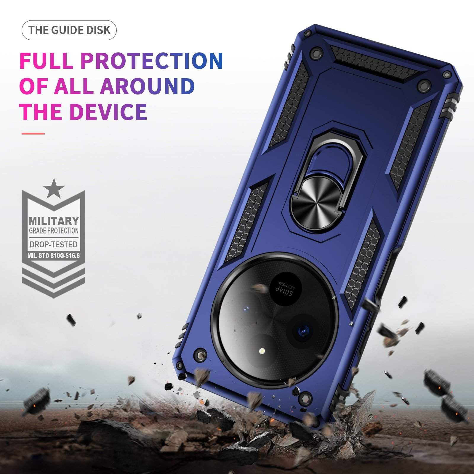 Funda de teléfono azul con soporte de anillo. La funda se está cayendo y el teléfono está protegido.