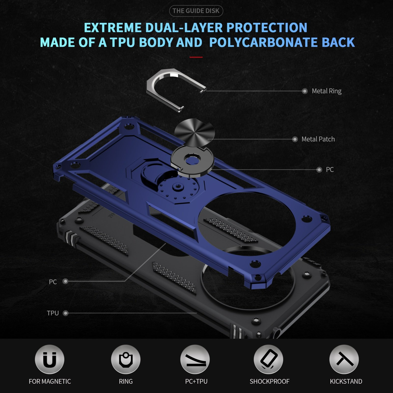 Diagrama de una funda de teléfono que muestra la estructura de la funda. La funda es azul.