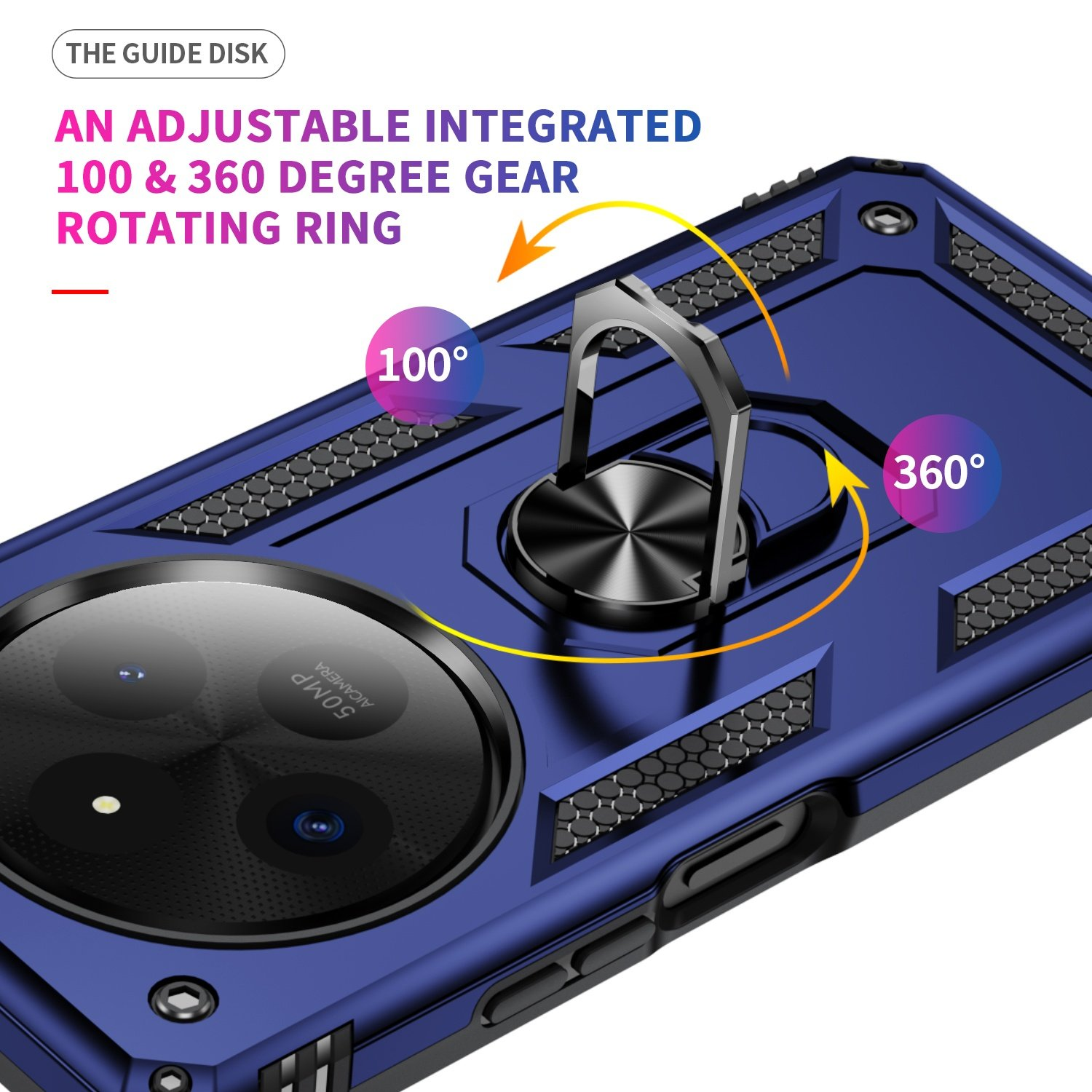 Funda azul con anillo negro, mostrando ángulos de rotación de 100 y 360 grados.