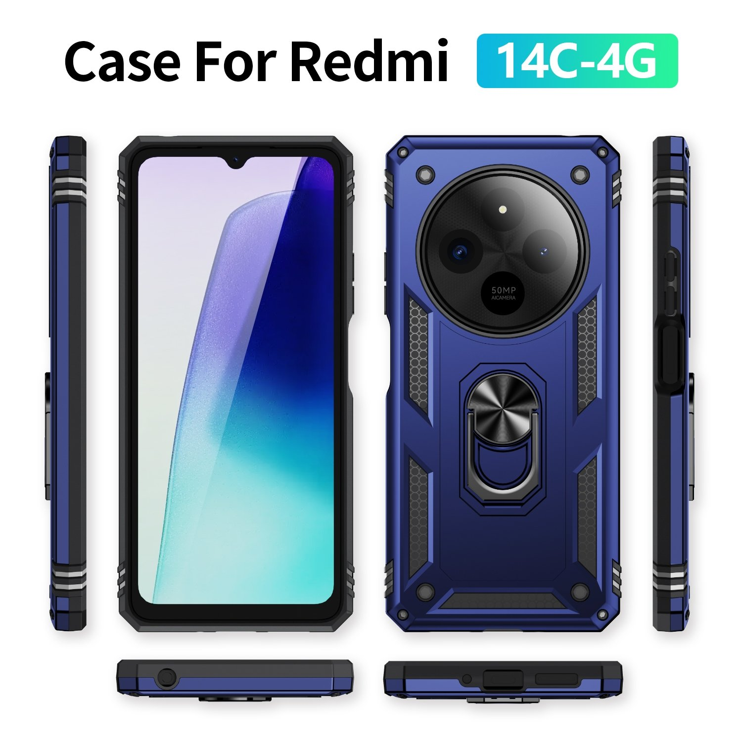 Funda azul con anillo negro, múltiples vistas. La funda está diseñada para un teléfono Redmi.