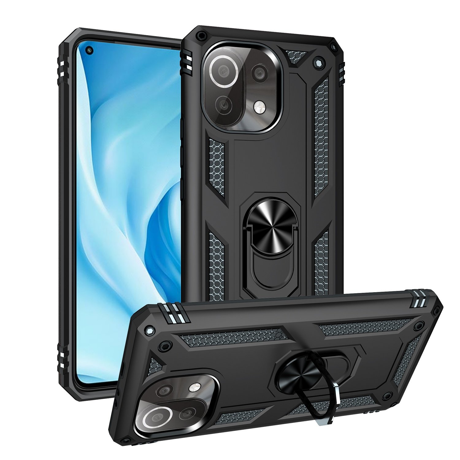 Funda negra con un teléfono dentro. Tiene un soporte de anillo y una configuración de cámara.