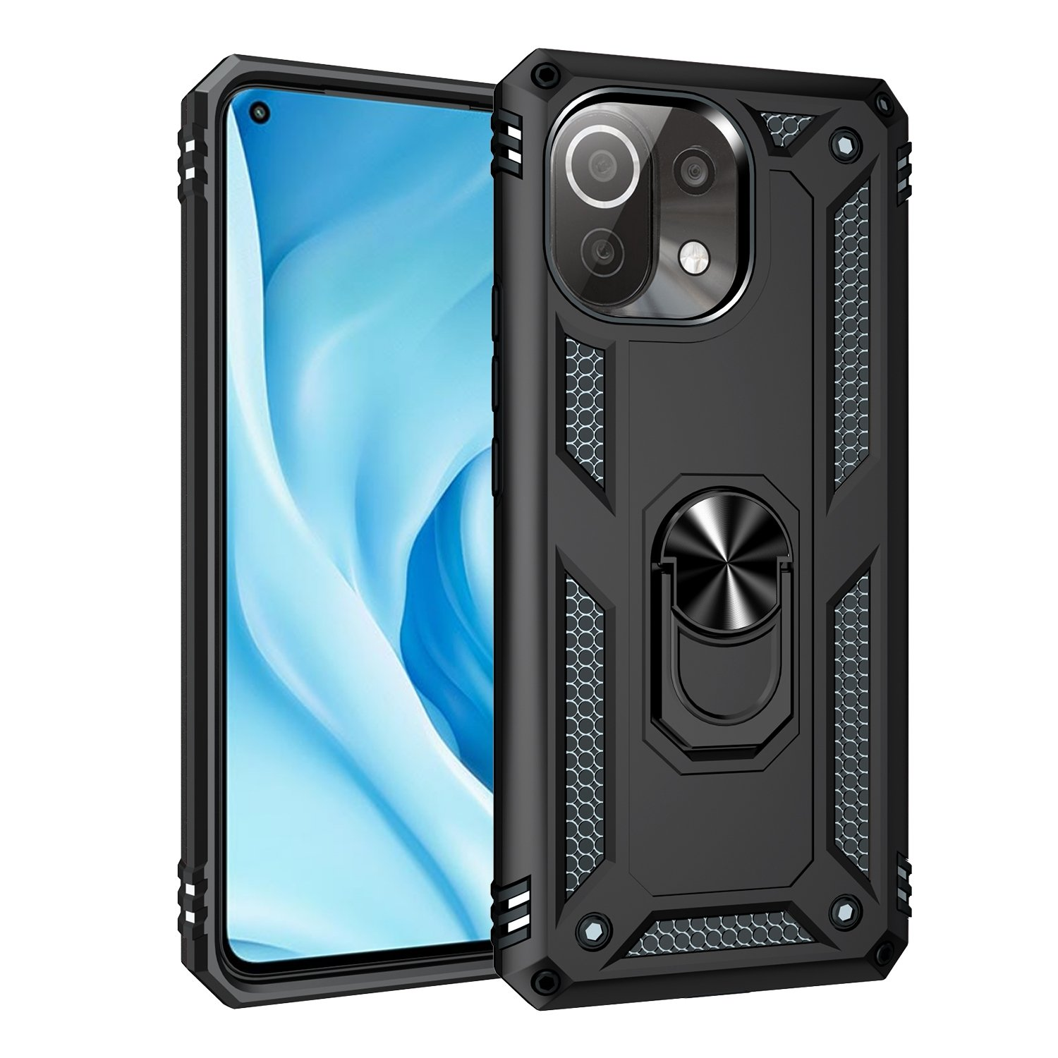 Funda negra con un teléfono dentro. Tiene un soporte de anillo y una configuración de cámara.
