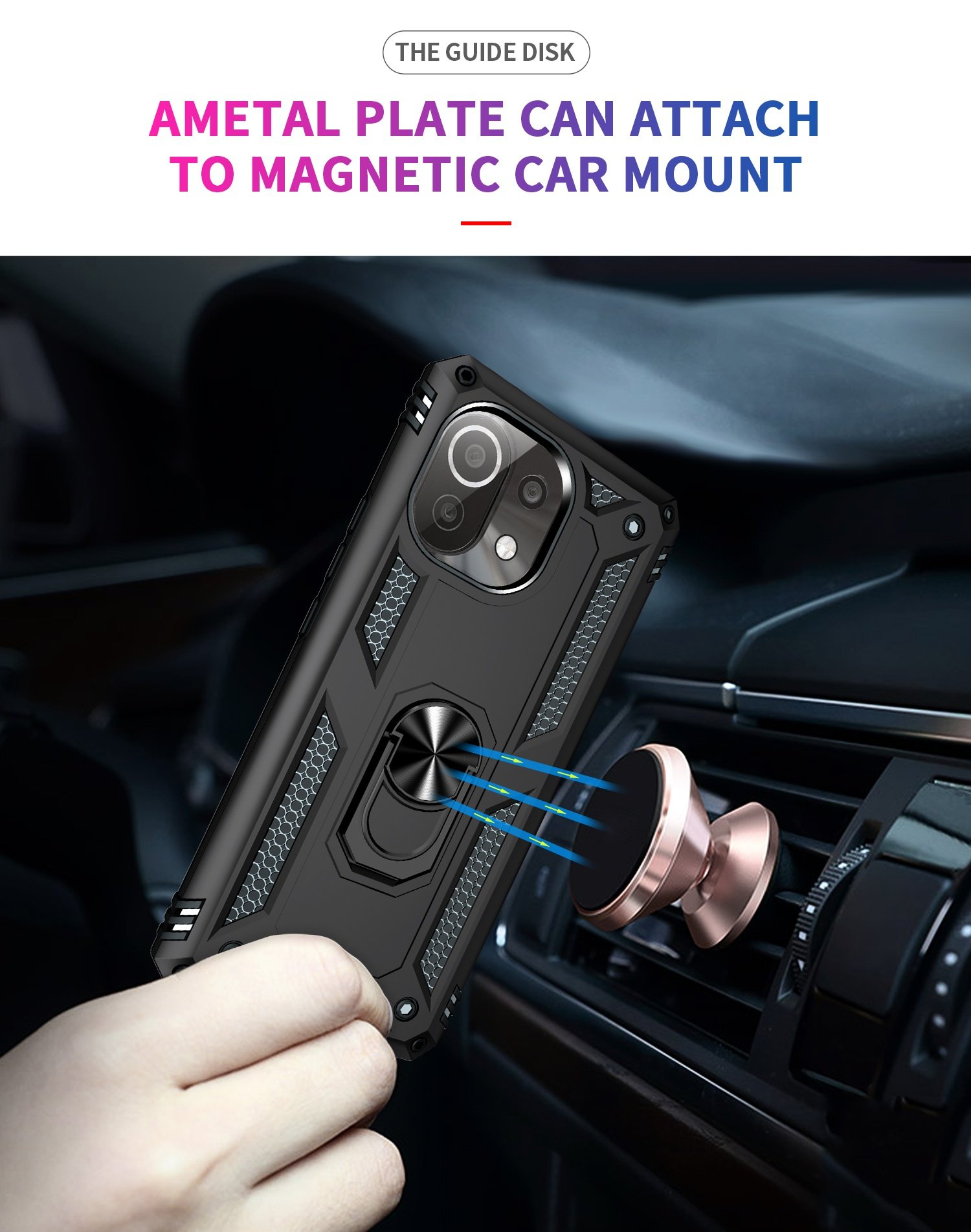 Funda negra para teléfono en un coche, sujeta a un soporte magnético. El teléfono está en primer plano.