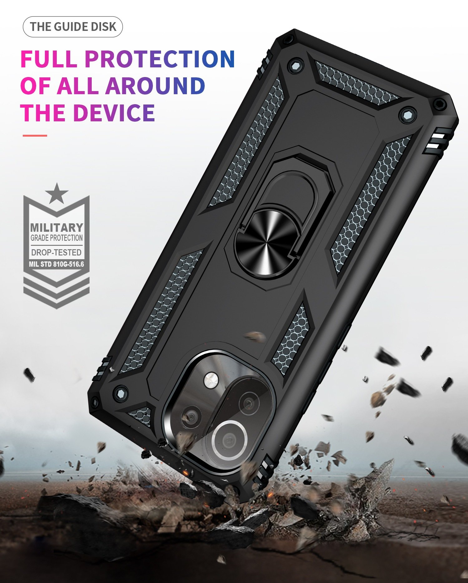 Funda negra inclinada, con teléfono, cámara y soporte de anillo. Texto arriba: 'Protección Total'.