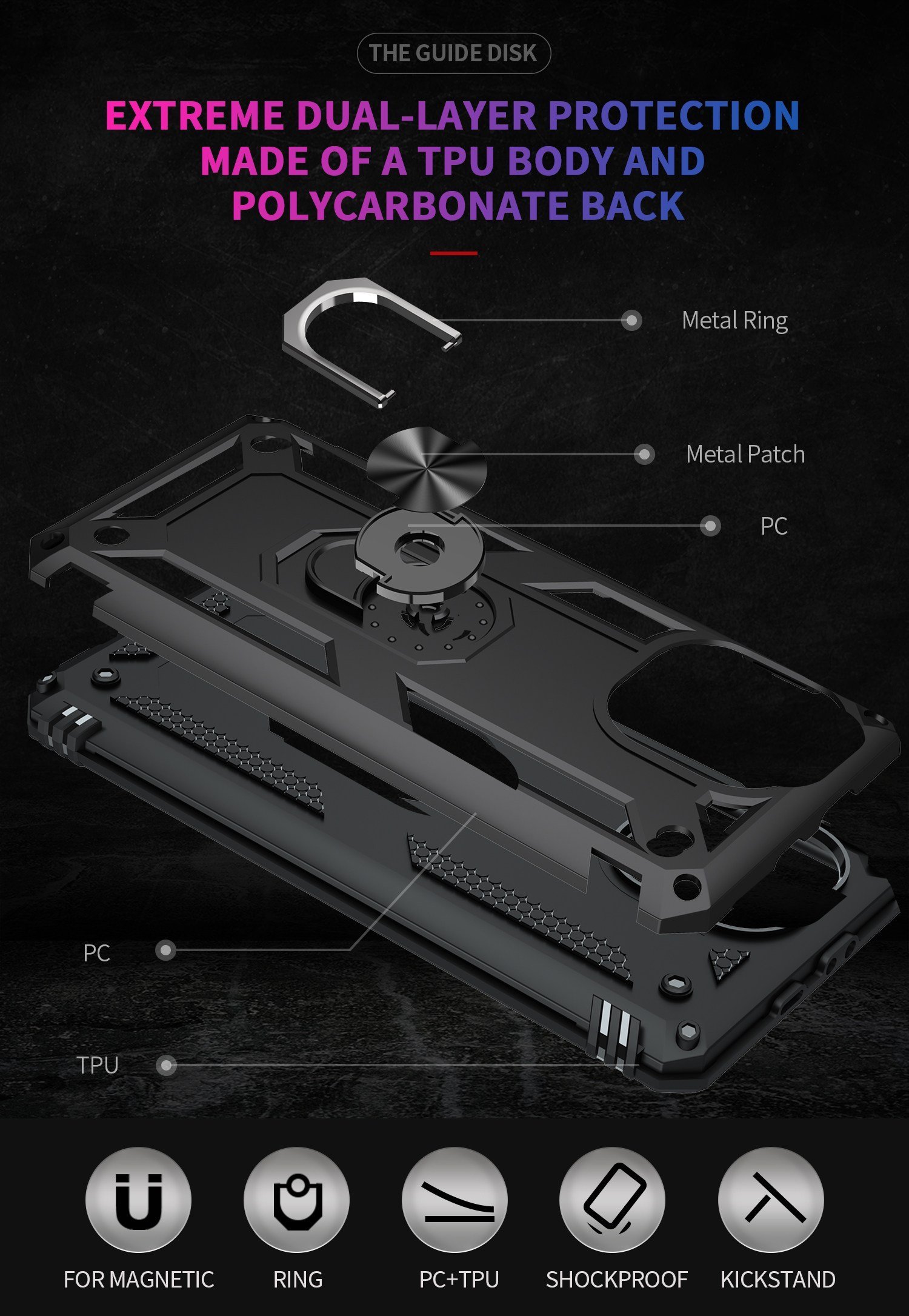 Diagrama de una funda de teléfono que muestra capas, incluyendo PC, TPU y un anillo metálico.
