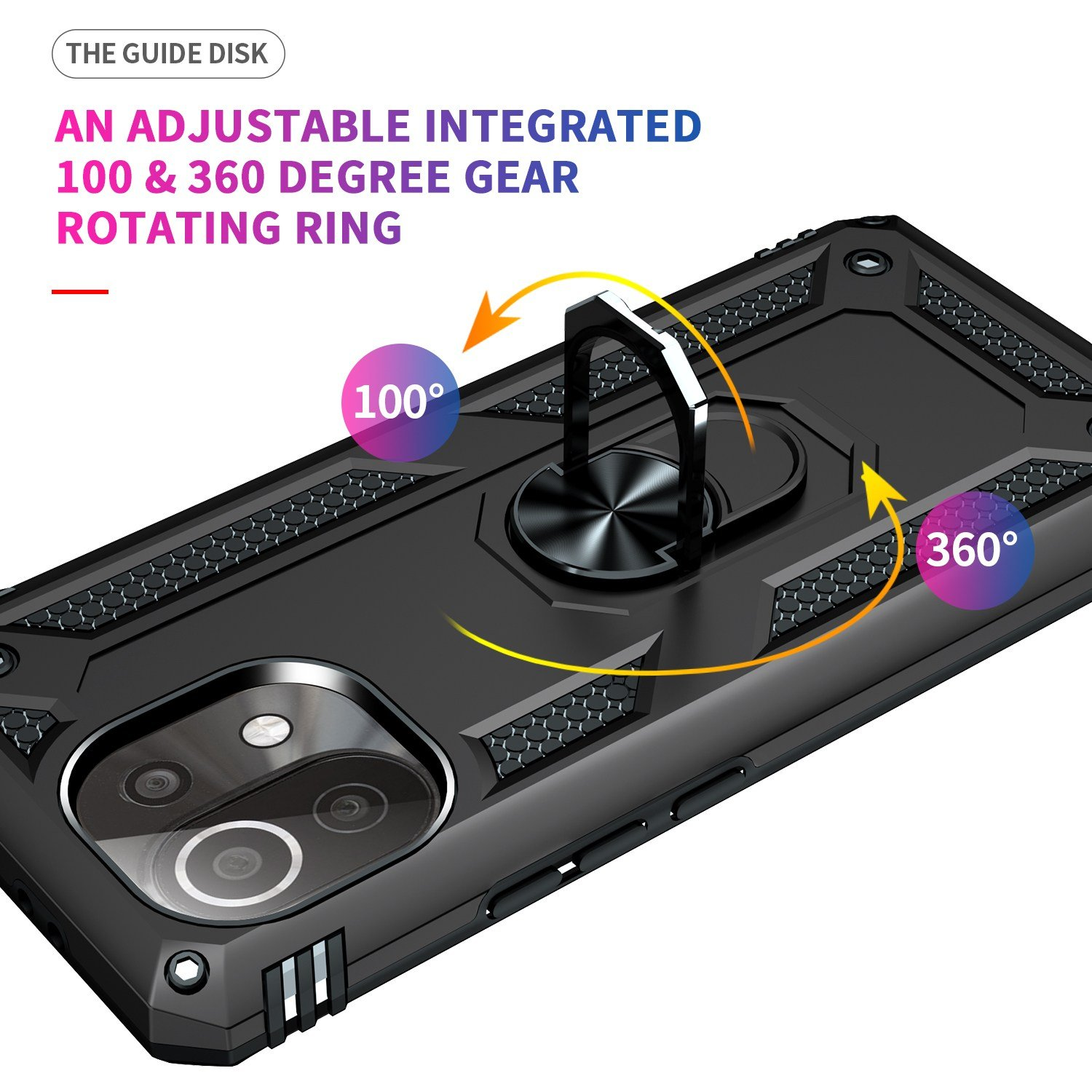 Primer plano de una funda de teléfono negra con soporte de anillo. Muestra rotación de 100 y 360 grados.