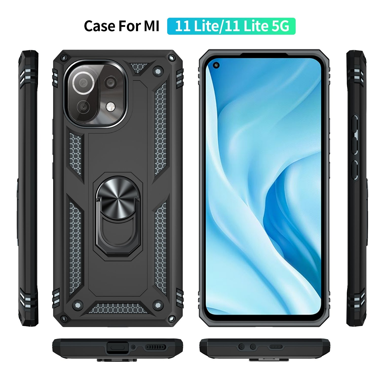 Funda negra con soporte de anillo, para teléfonos MI 11 Lite.