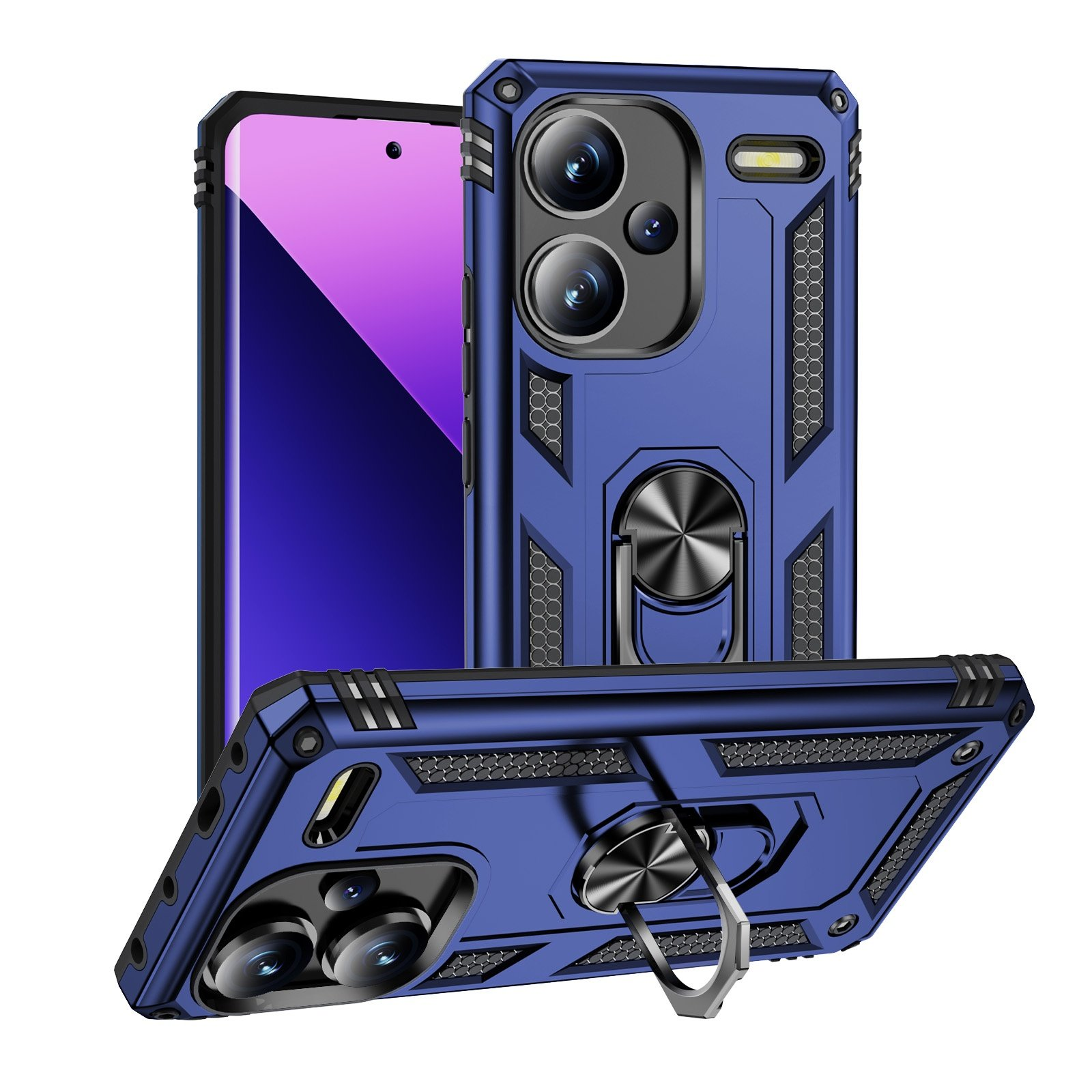 Funda azul para teléfono con soporte de anillo. Teléfono a la izquierda. Dos fundas más, una con el soporte del anillo arriba.