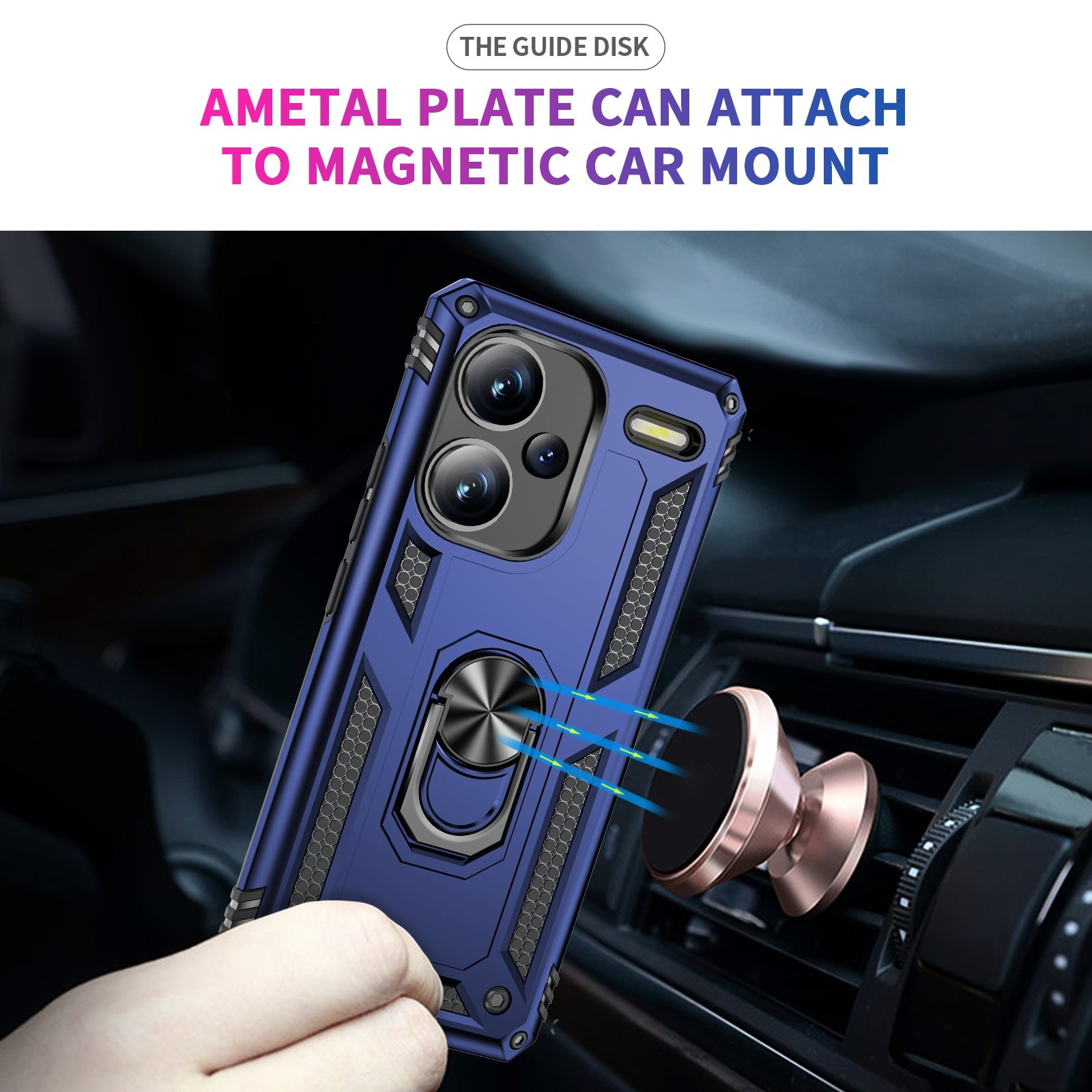Funda azul para teléfono adjunta a un soporte de coche. La funda tiene un soporte de anillo y un diseño texturizado.