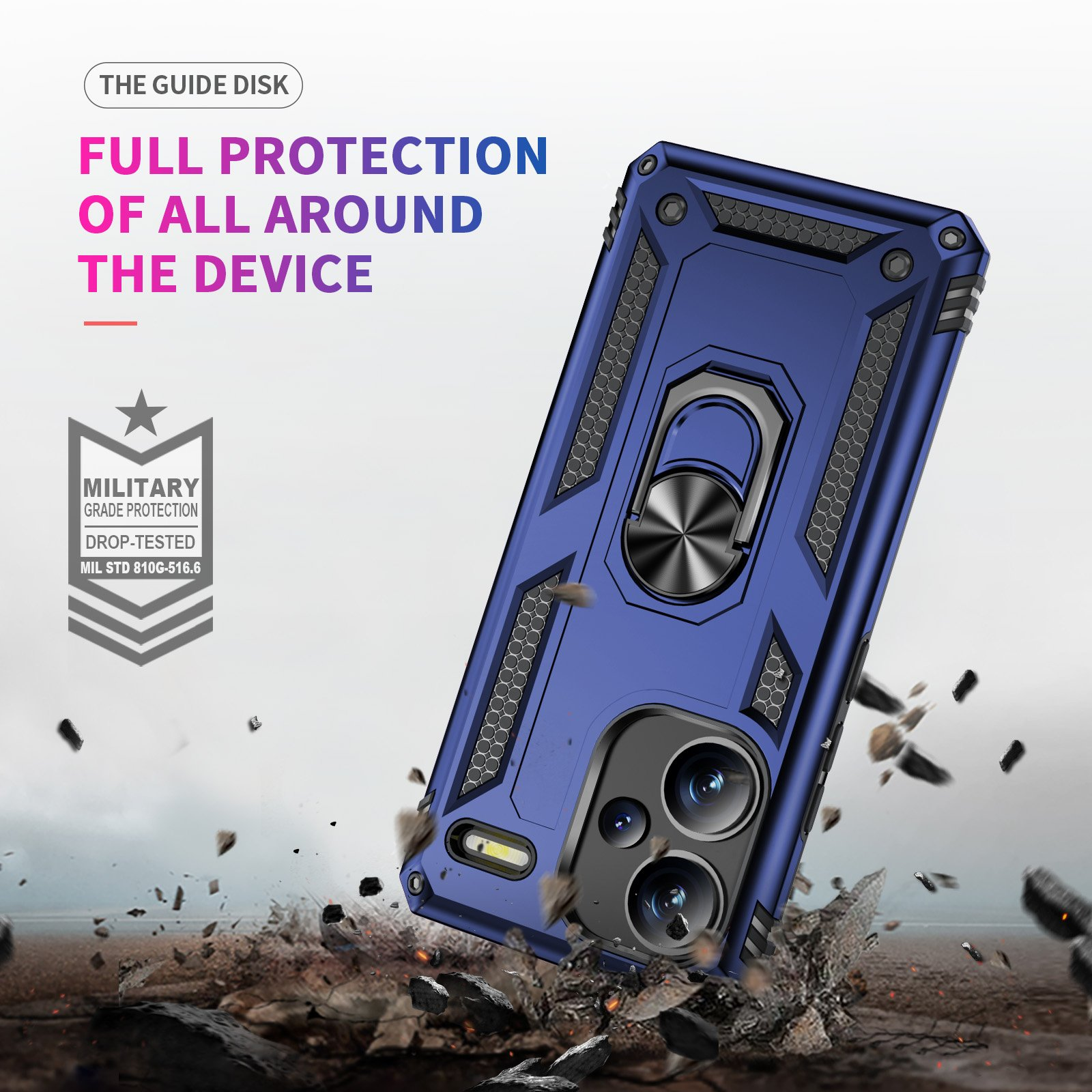 Funda azul cayendo con escombros. Soporte de anillo y etiqueta de protección militar.