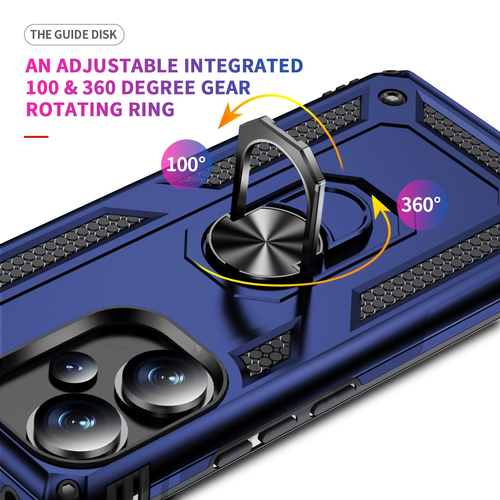 Funda azul con anillo giratorio de 100 y 360 grados. El texto indica engranaje integrado ajustable.
