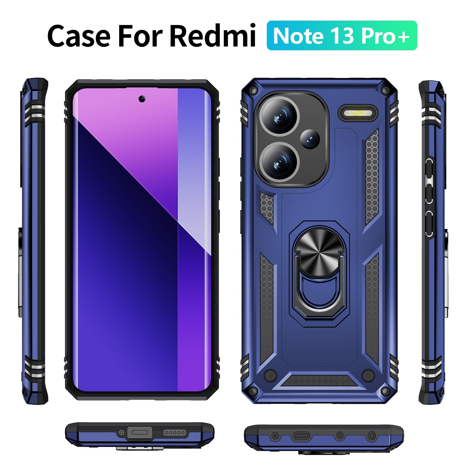 Funda azul para teléfono. Un teléfono está dentro de la funda. Se muestran diferentes ángulos de la funda.