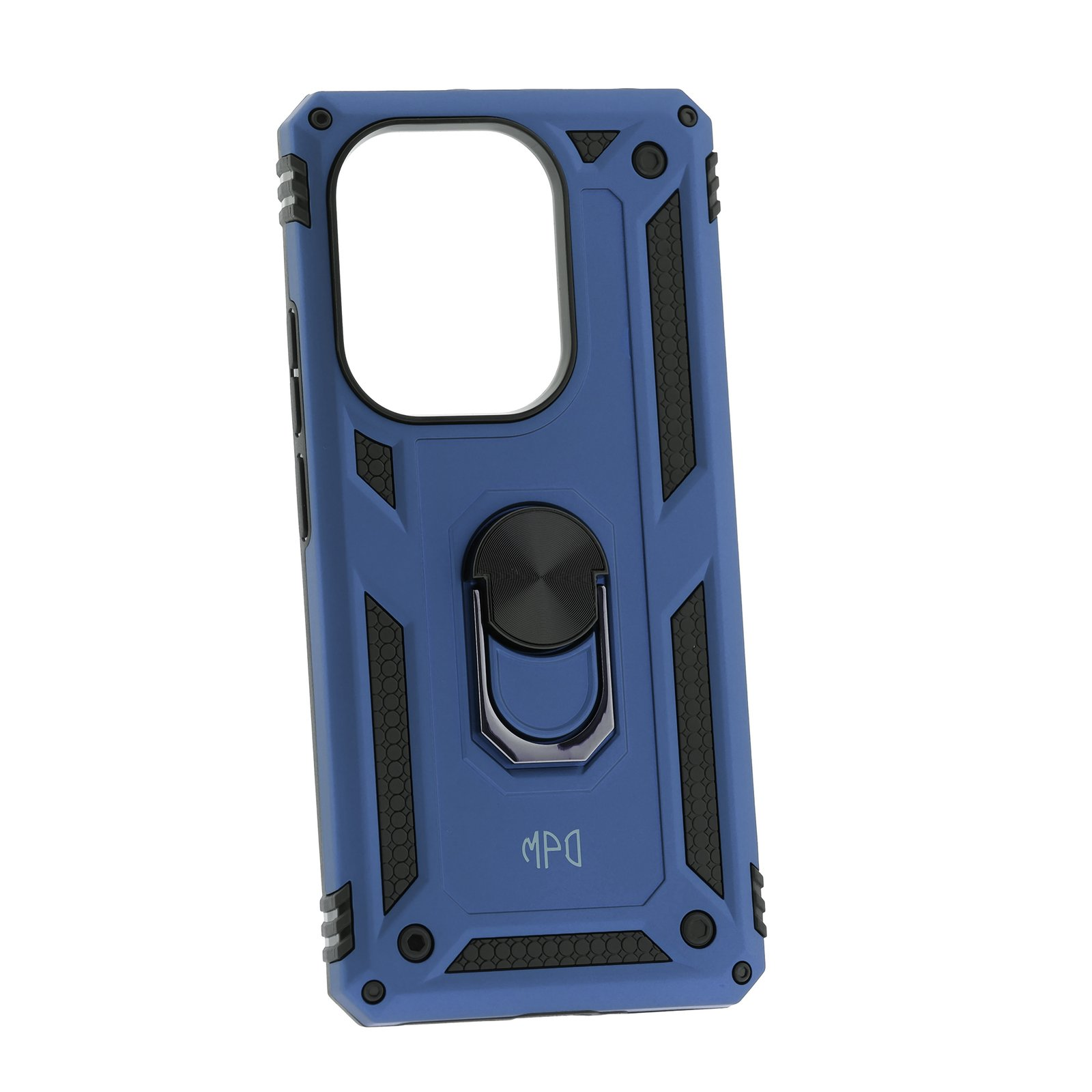 Funda de teléfono azul con teléfono, anillo plateado y logotipo MPD, con detalles negros.