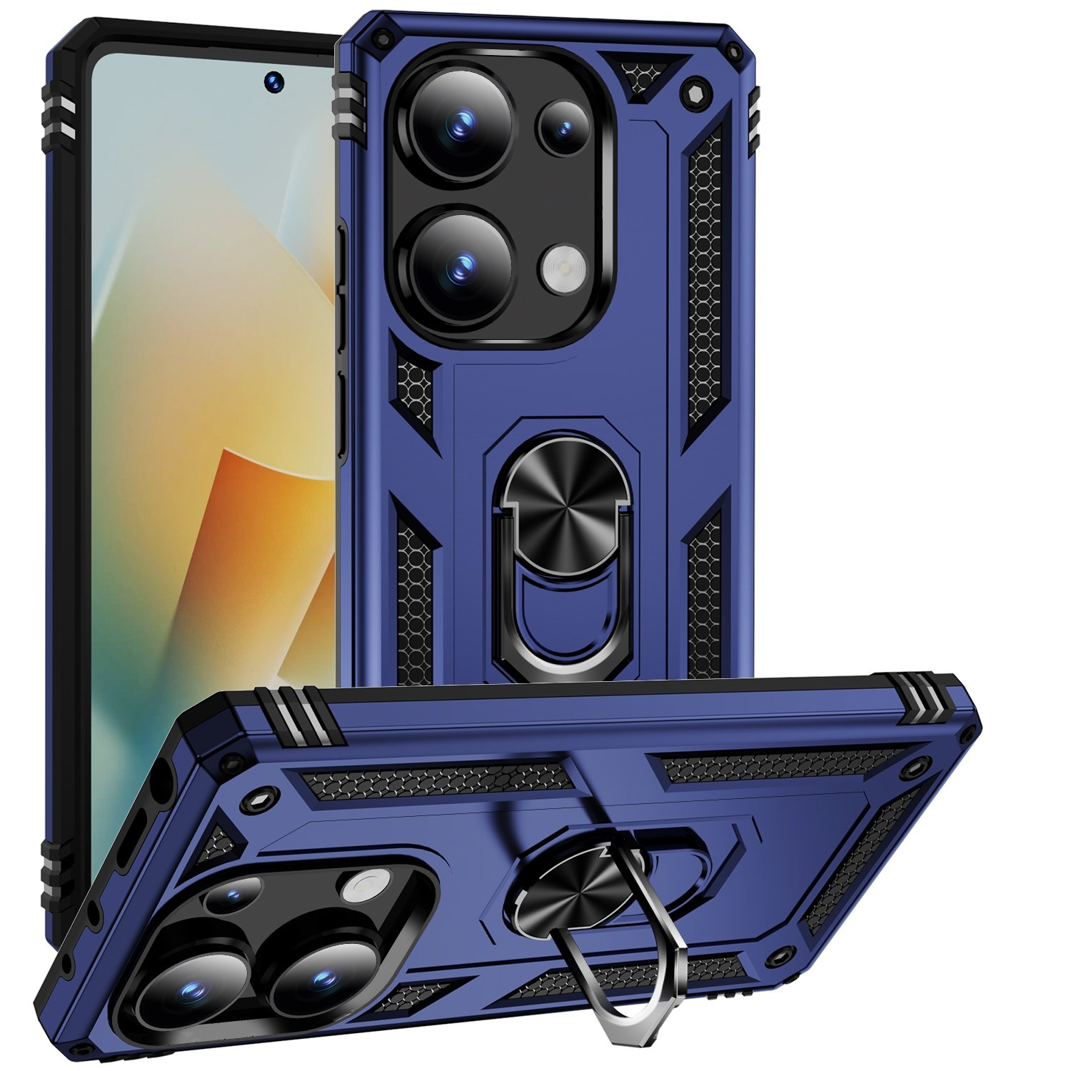 Funda de teléfono azul con teléfono y anillo plateado, múltiples vistas con detalles azules y negros.