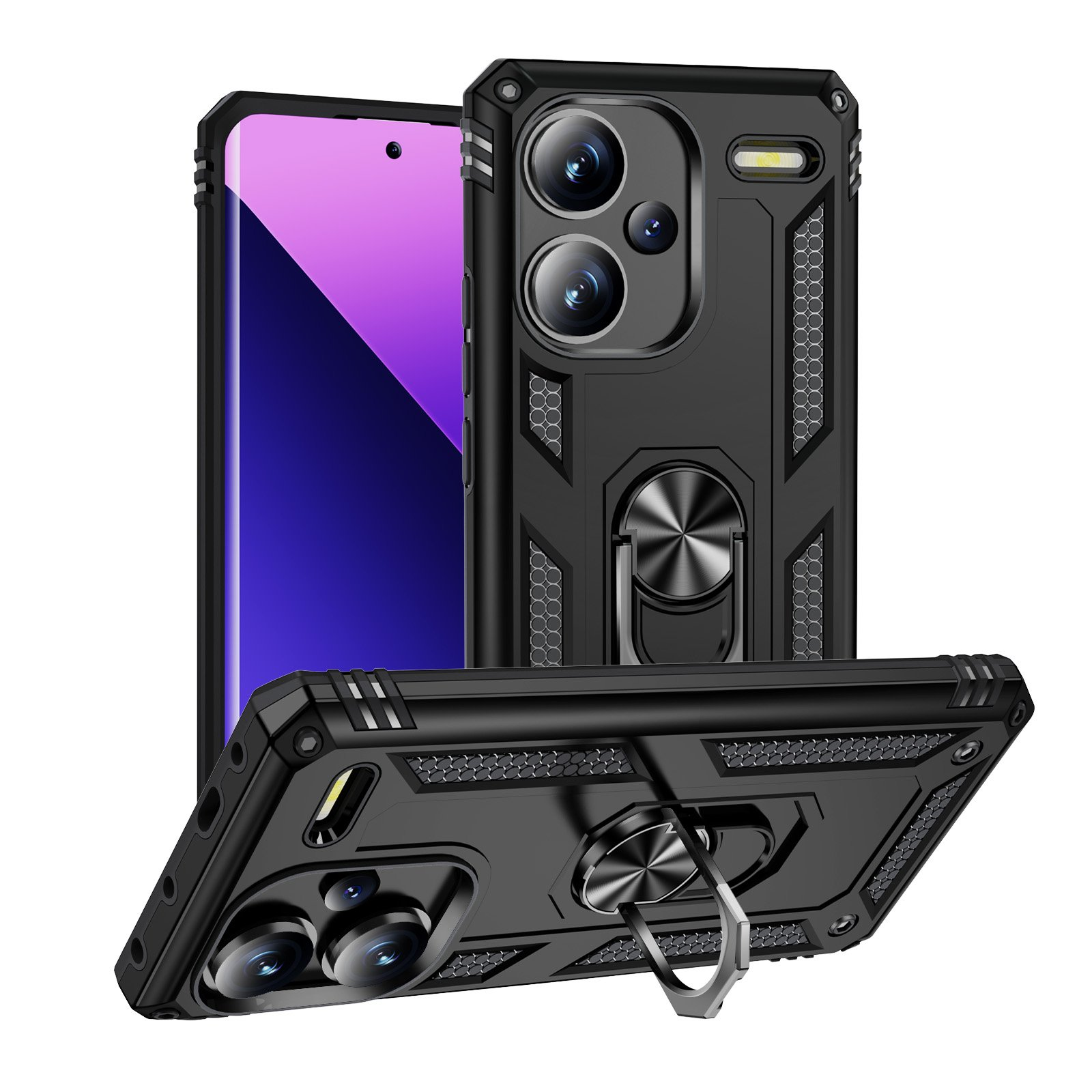 Funda de teléfono negra con teléfono y anillo plateado, múltiples vistas con detalles negros.