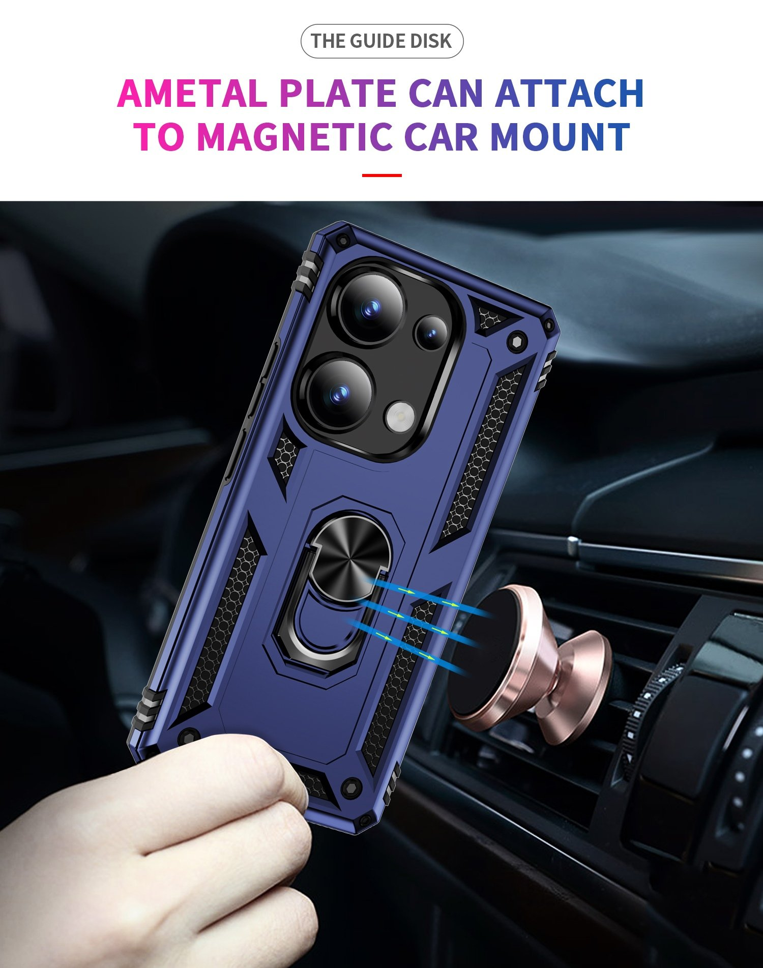 Funda azul con anillo en un soporte para coche. Texto: Una placa metálica se puede conectar a un soporte magnético para coche.