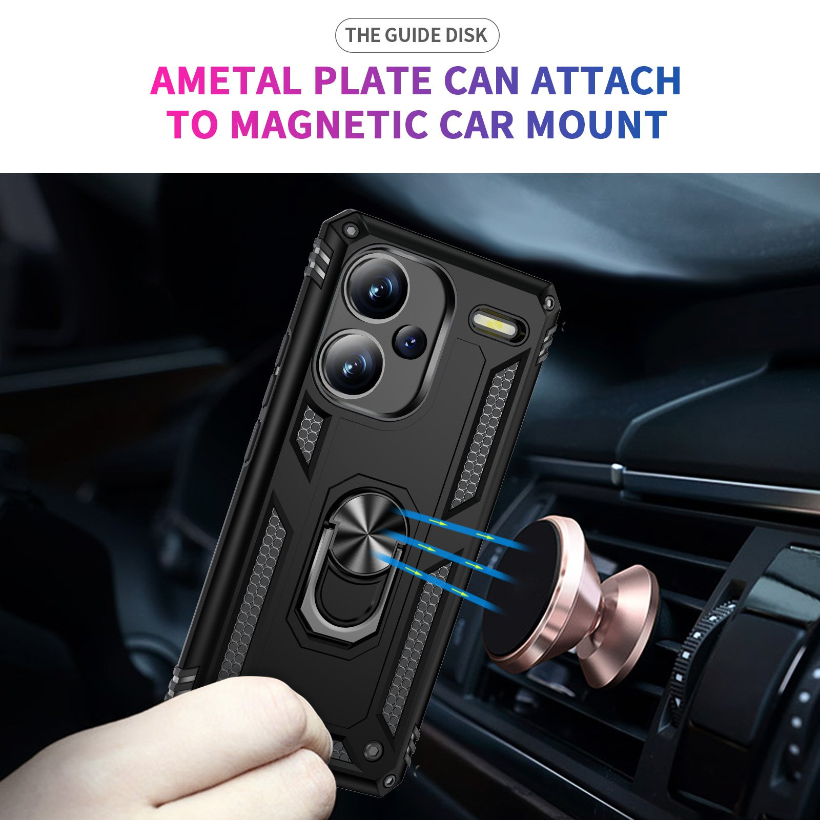 Funda negra con anillo en un soporte para coche. Texto: Una placa metálica se puede conectar a un soporte magnético para coche.