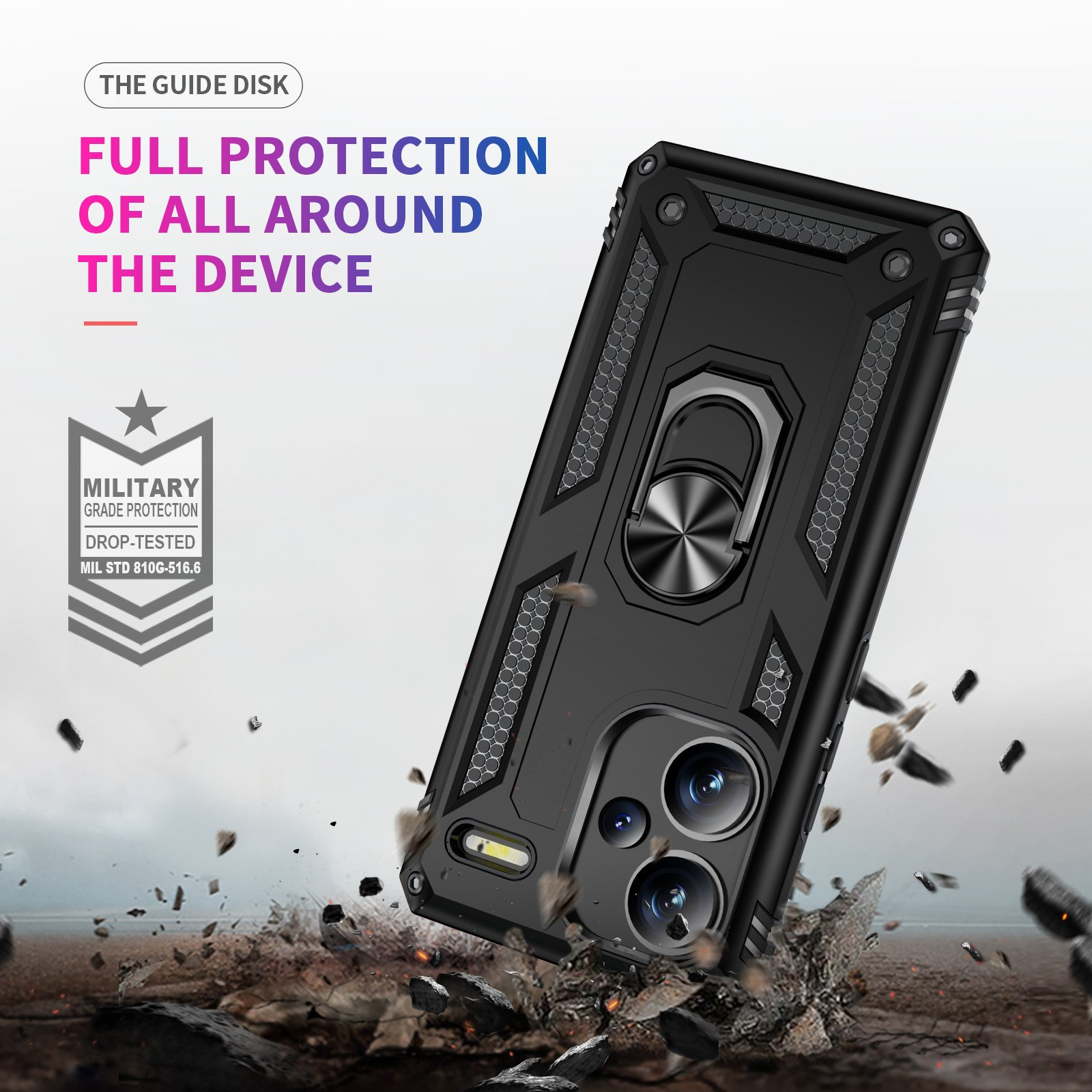 Funda negra con anillo. Texto: Protección total alrededor del dispositivo. Probado contra caídas, protección militar.