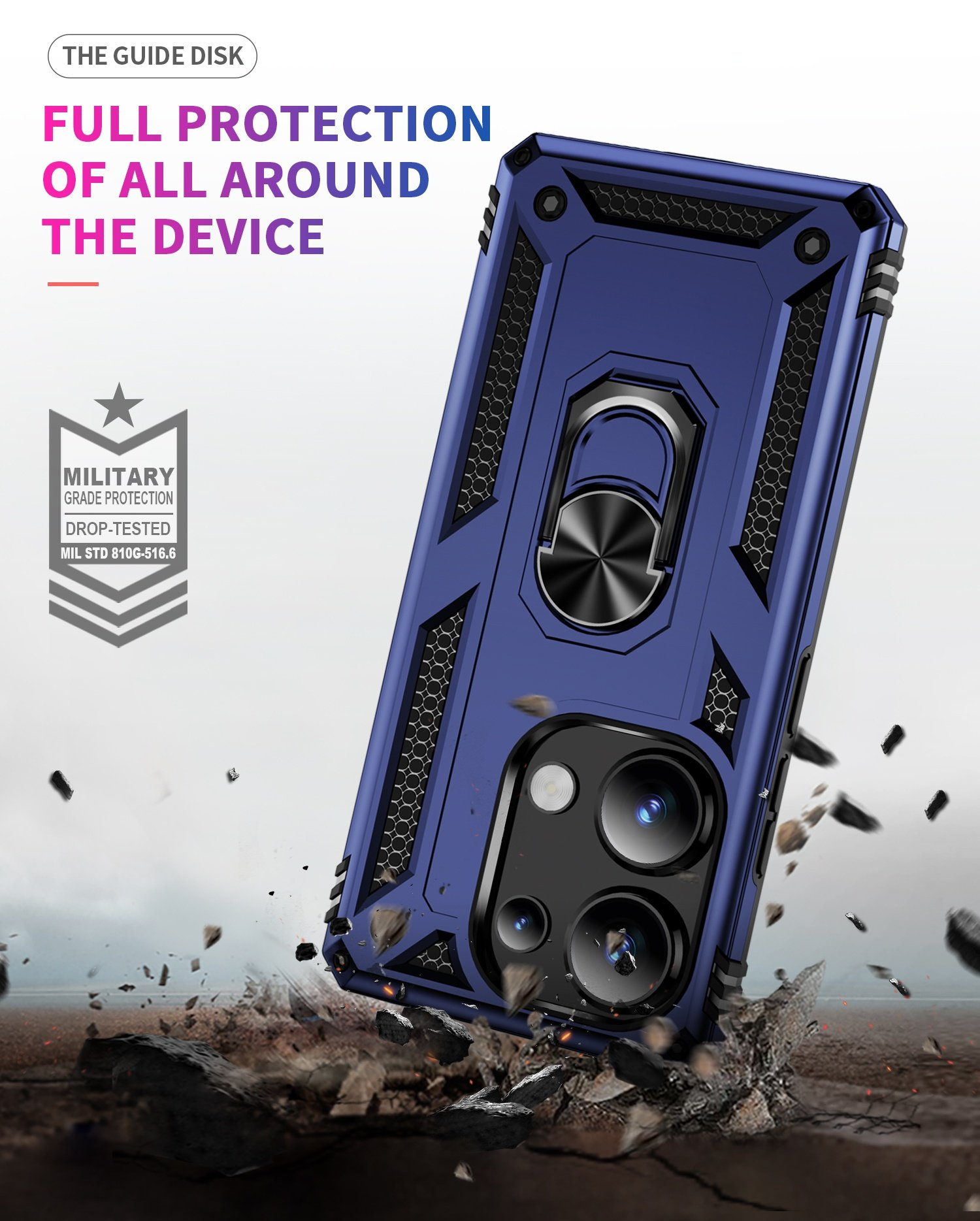 Funda de teléfono azul con anillo. La funda está inclinada con escombros alrededor. El fondo es blanco.