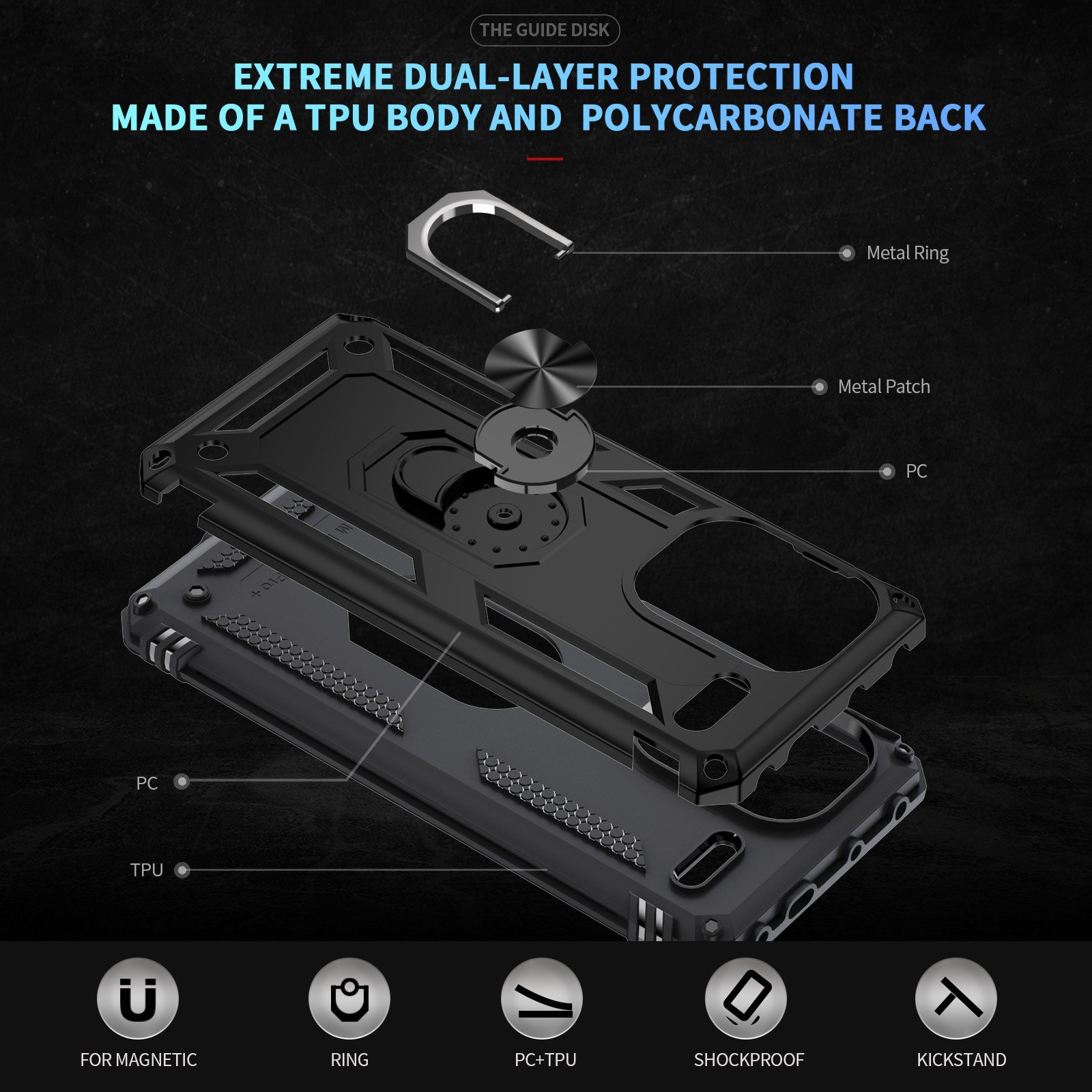 Componentes de la funda del teléfono. Texto: Protección de doble capa extrema. Para magnético, anillo, PC+TPU, a prueba de golpes, soporte.