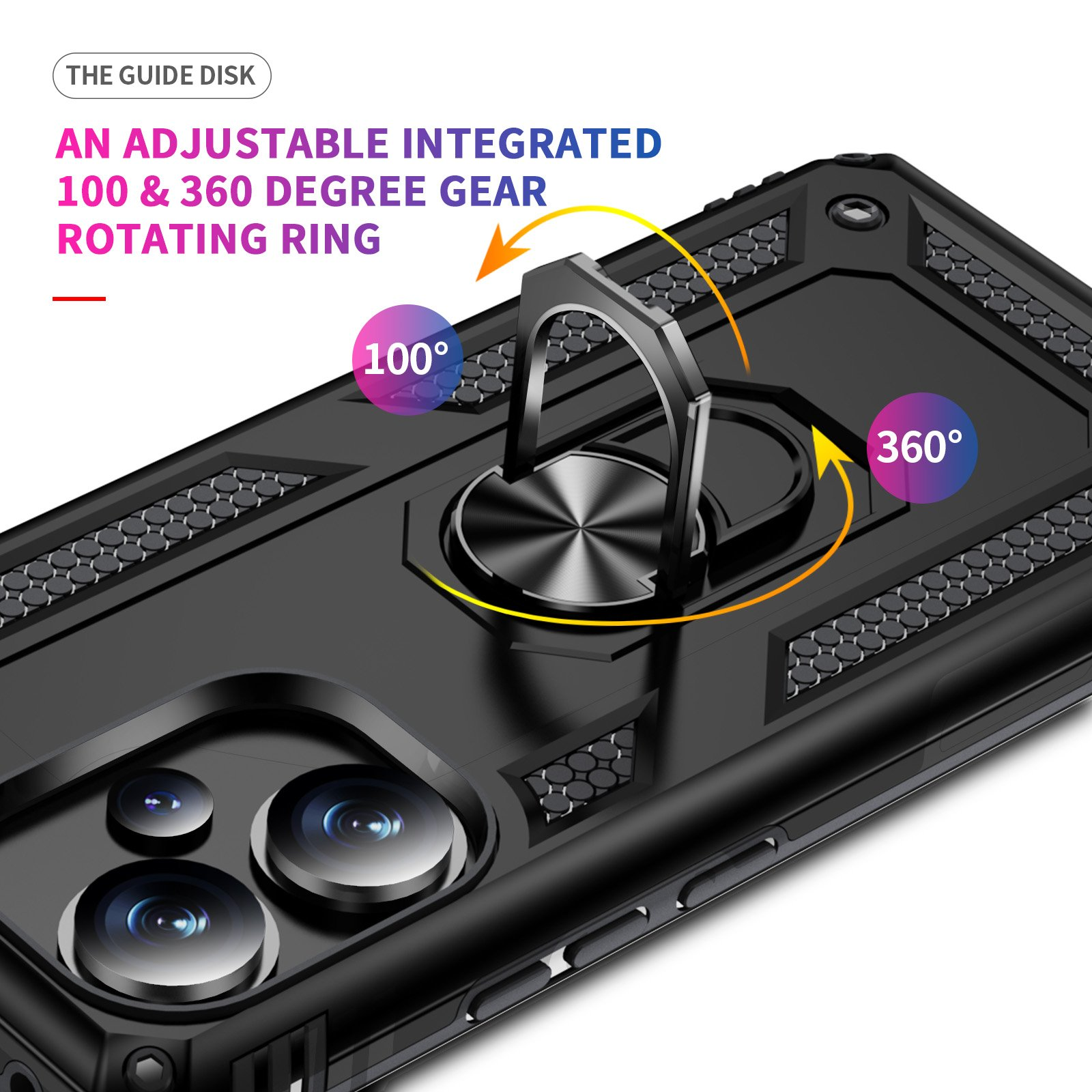 Funda negra con anillo. Texto: Un anillo giratorio de engranaje integrado ajustable de 100 y 360 grados.