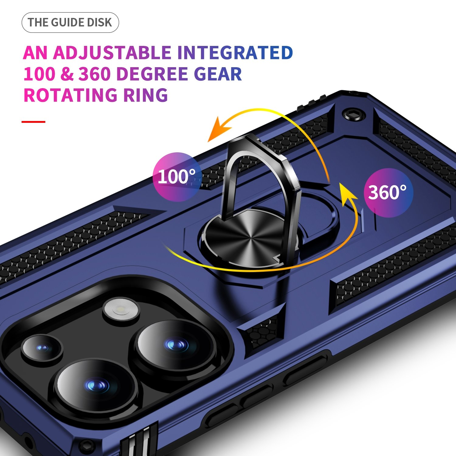 Funda azul con anillo. Texto: Un anillo giratorio de engranaje integrado ajustable de 100 y 360 grados.
