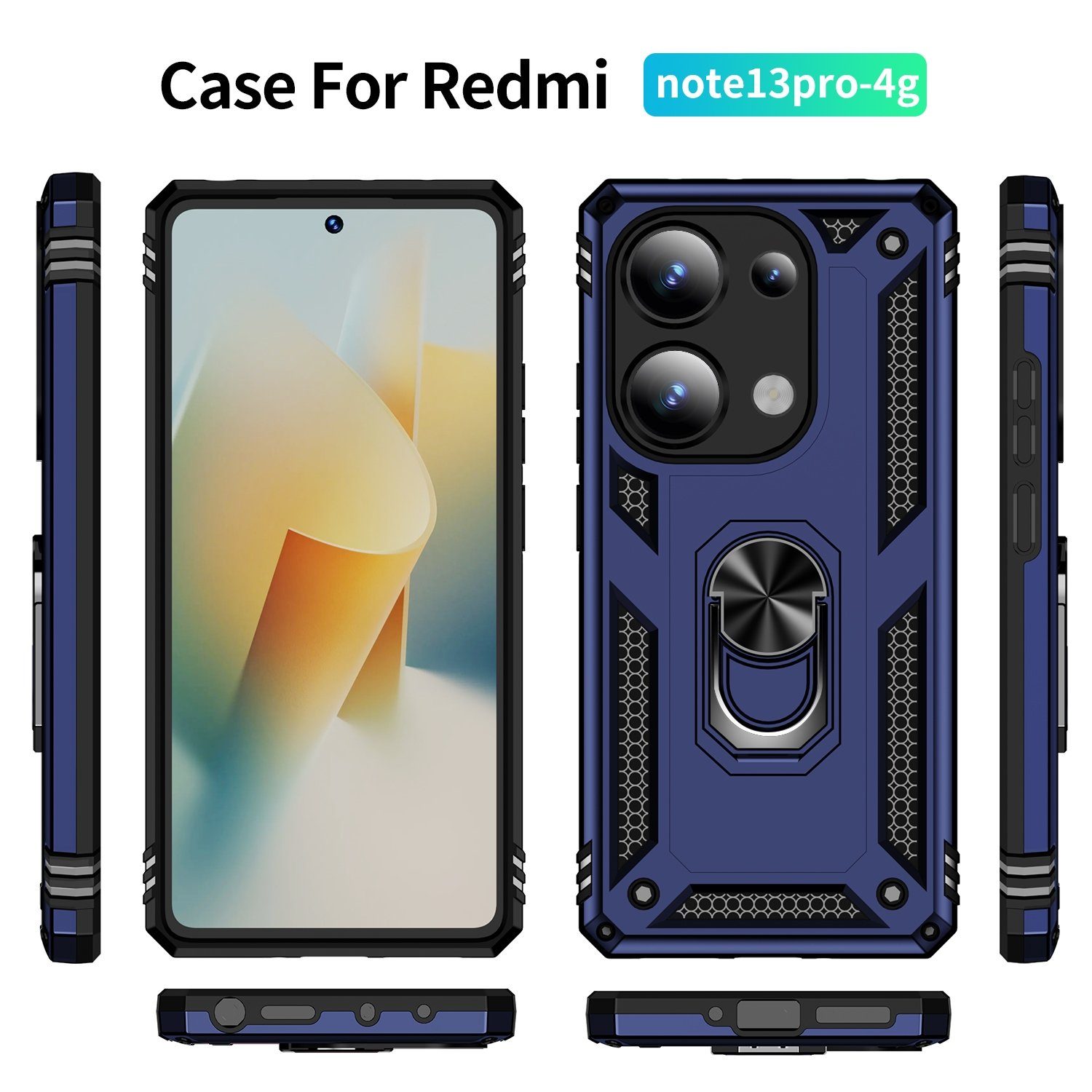 Funda de teléfono azul con un teléfono dentro. El fondo es blanco.
